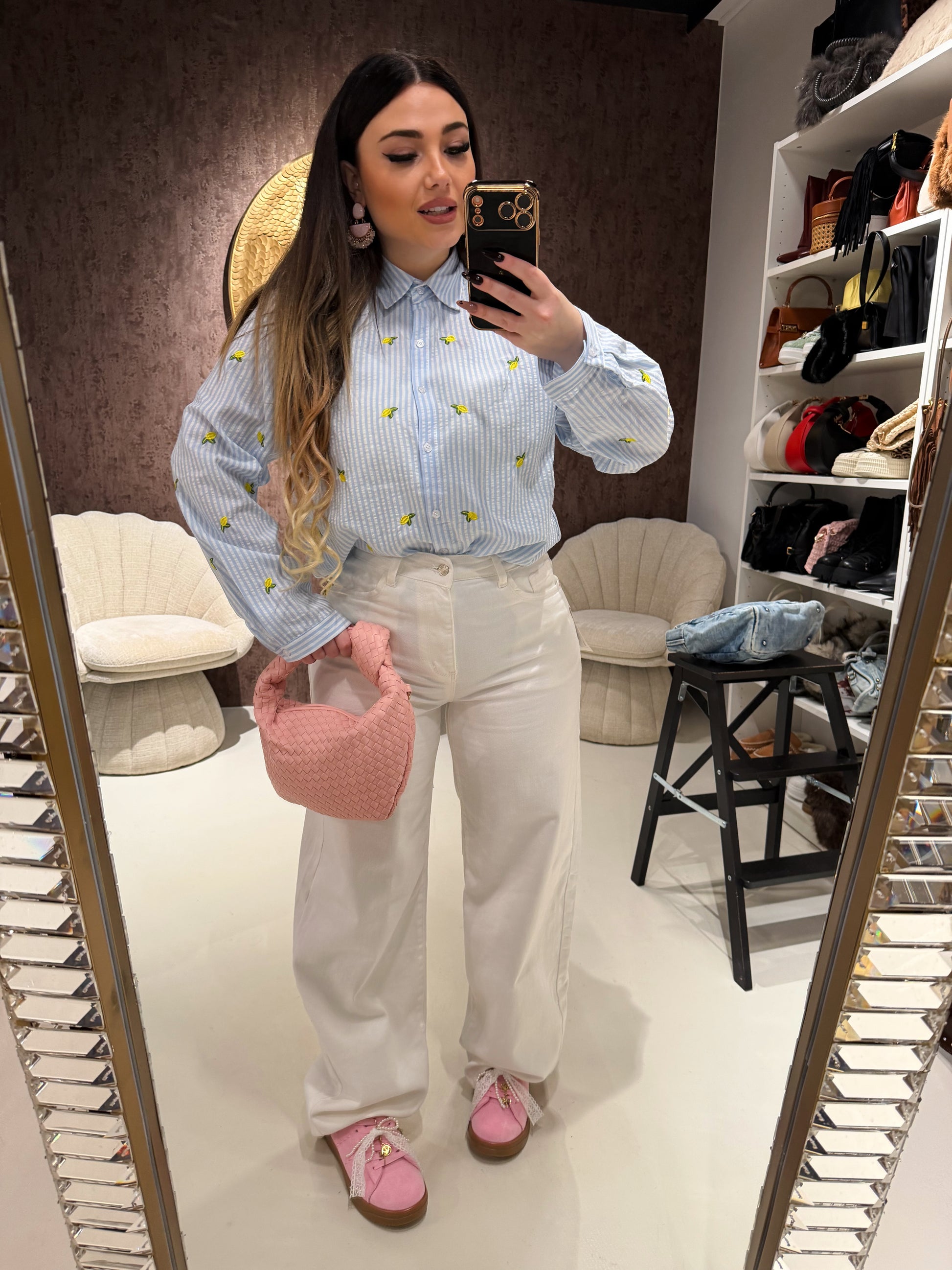 Camicia a Righe Celesti con Limoni Ricamati - R.a. Boutique