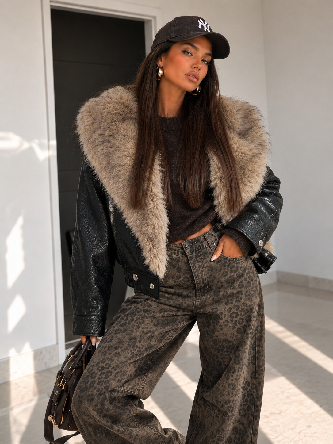 Bomber Nero Effetto Pelle con Maxi Collo Effetto Pelliccia - R.a. Boutique