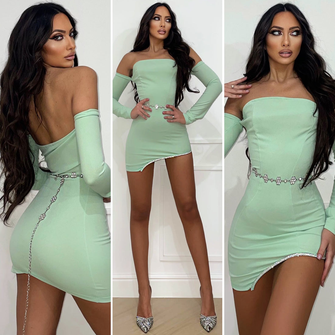 Abito Menta con manicotti e striscia in strass - R.a. Boutique 