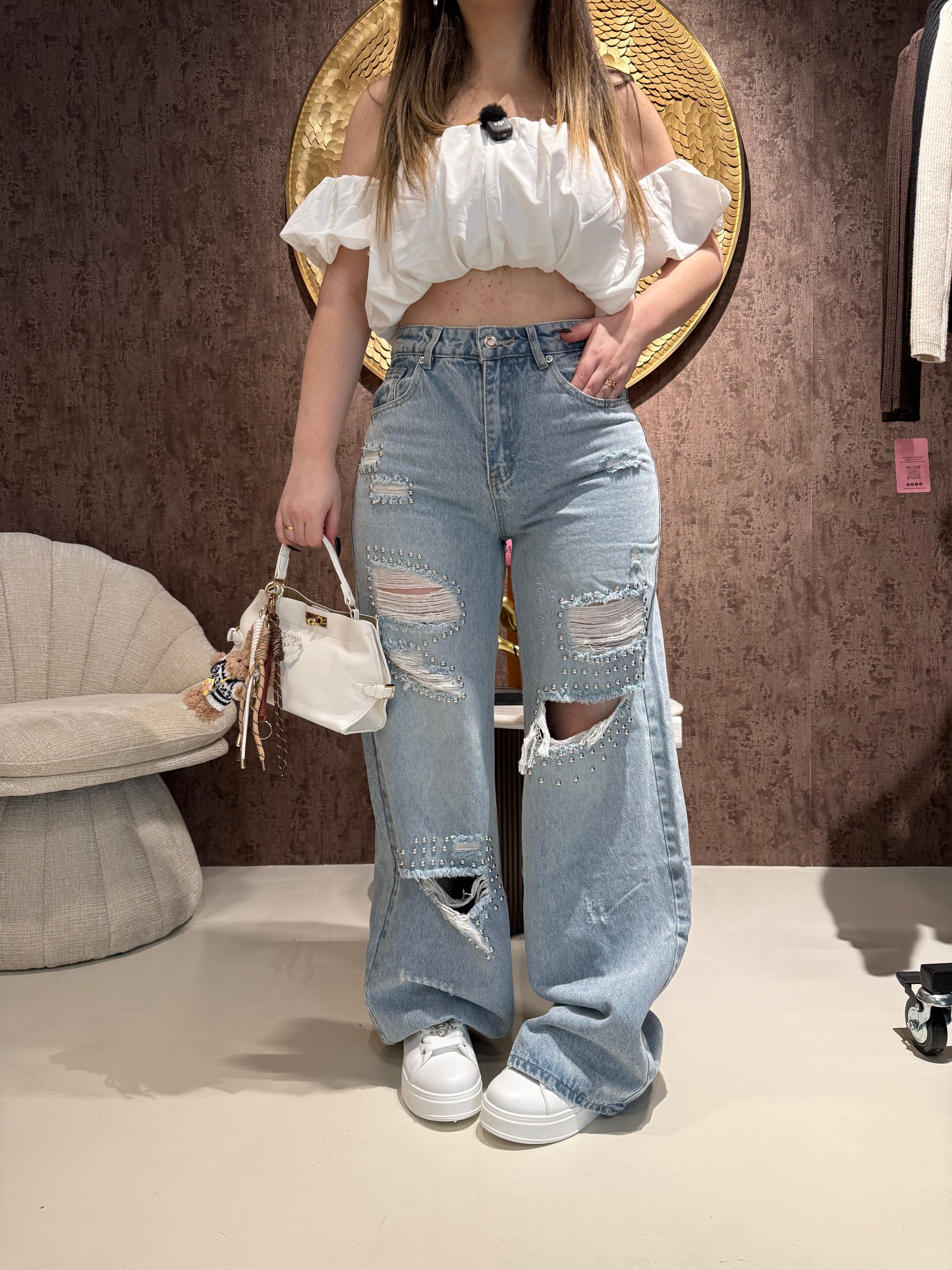 Jeans Wide Leg Strappi e Borchie - R.a. Boutique