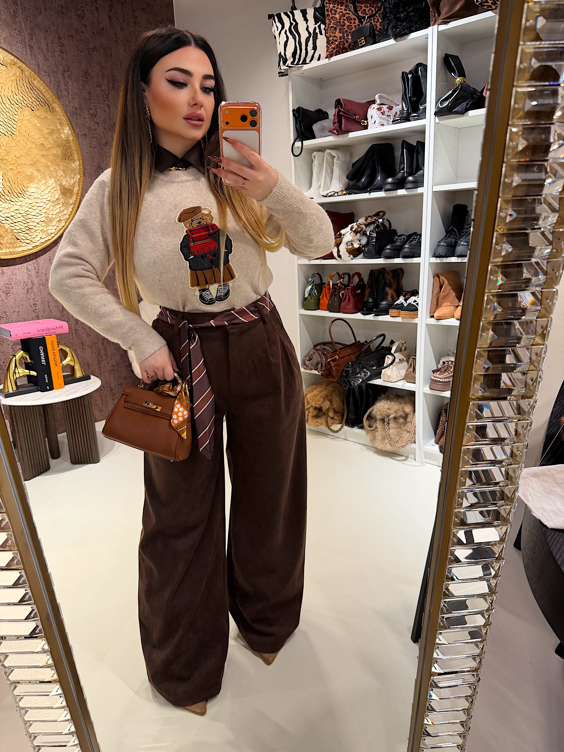 Pantalone in camoscio con cintura in vita - R.a. Boutique