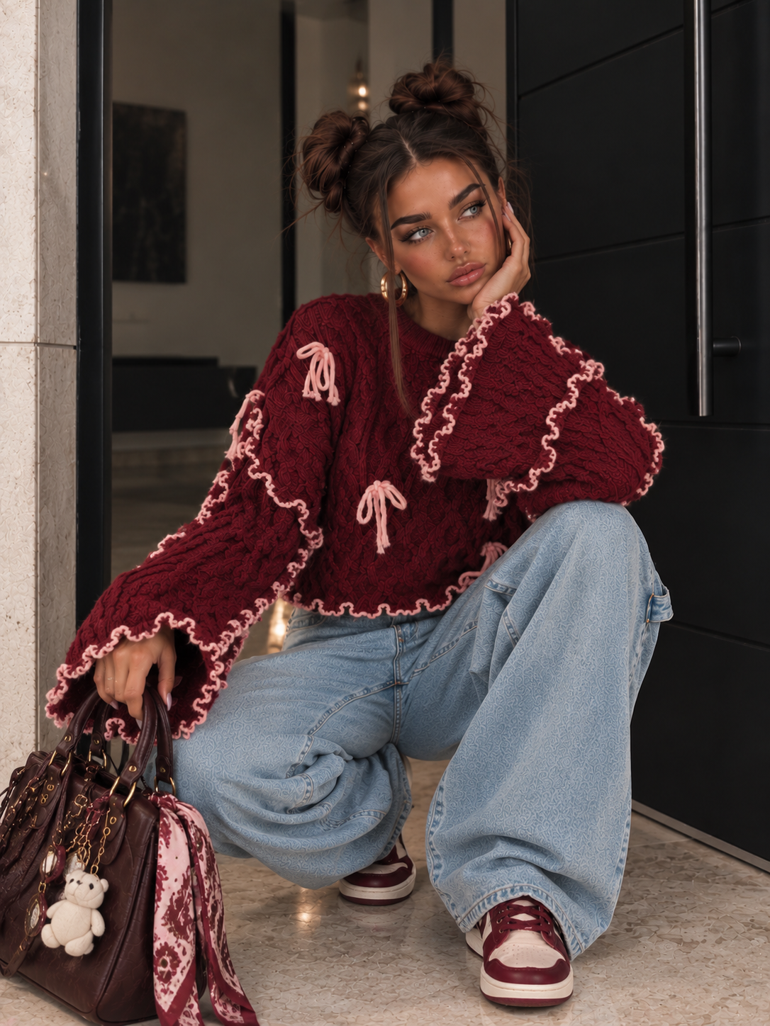 Maglioncino Bordeaux con Fiocchi Rosa - R.a. Boutique