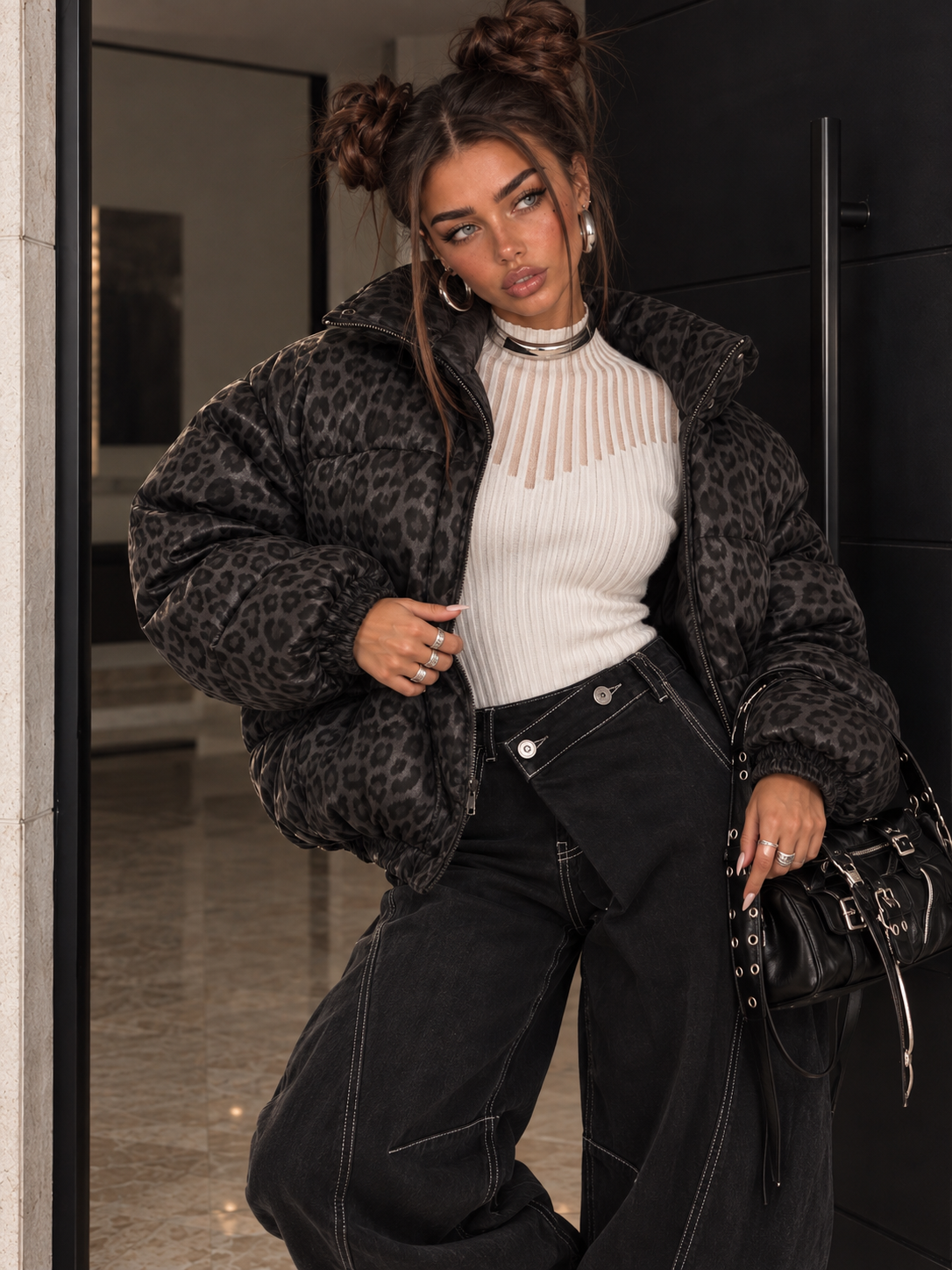 Piumino Animalier Leopard Gloss Nero - R.a. Boutique
