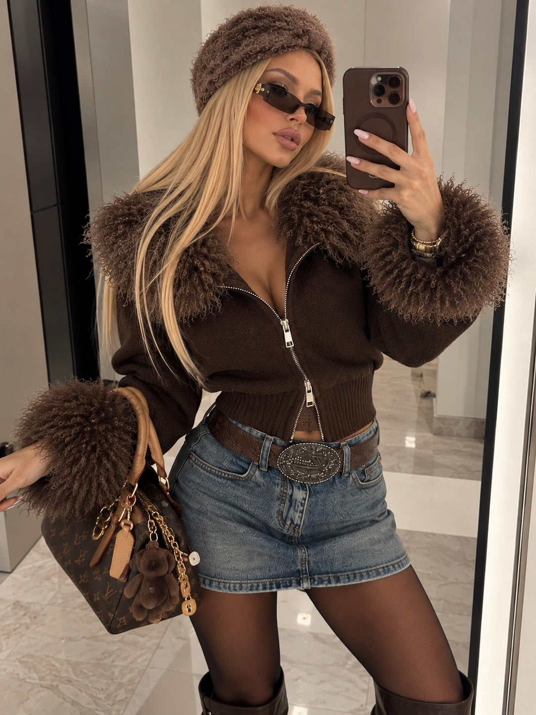 Cardigan Fur Zip con Collo e Polsini Effetto Pelliccia – Marrone Tortora - R.a. Boutique