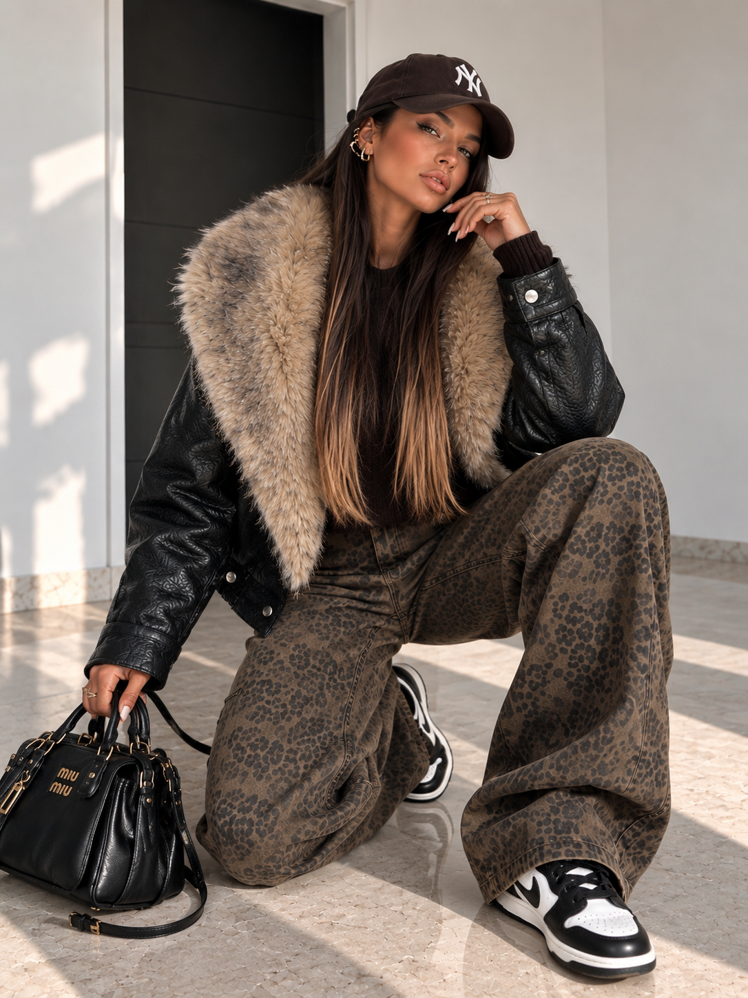 Bomber Nero Effetto Pelle con Maxi Collo Effetto Pelliccia - R.a. Boutique