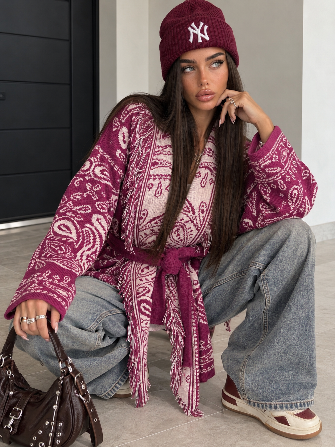 Cardigan Boho Paisley con Frange e Cintura – Fucsia - R.a. Boutique