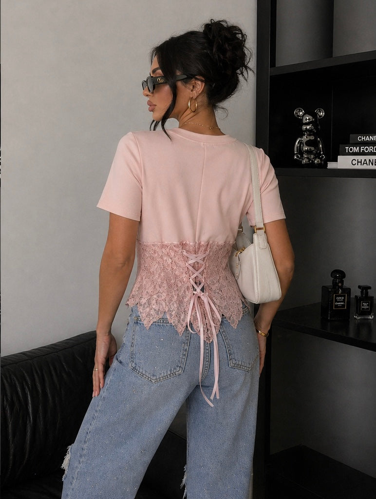 T-Shirt Corsetto con coppe in Pizzo con lacci posteriori - R.a. Boutique