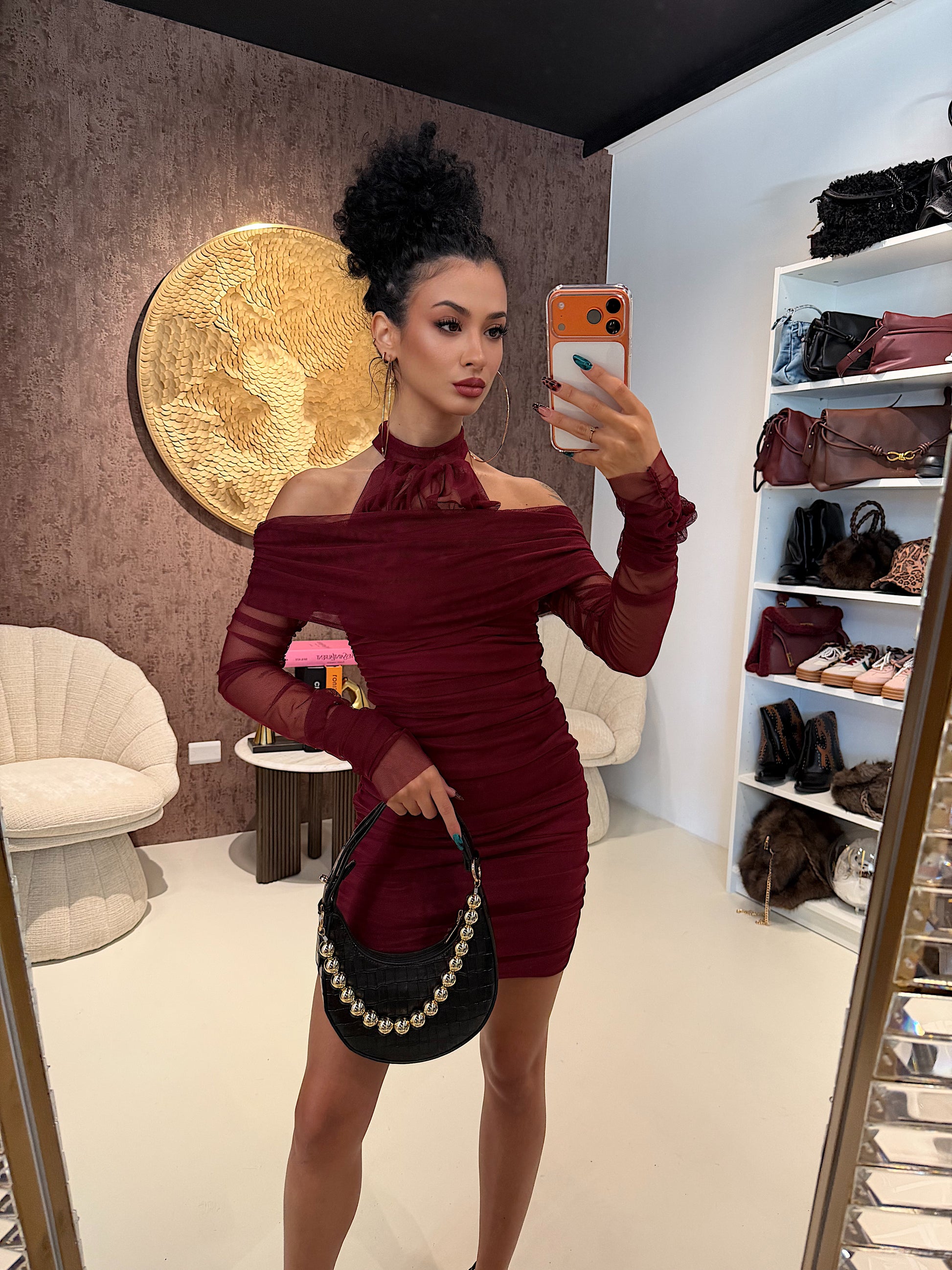 Abito a fascia con dettagli in velo bordeaux - R.a. Boutique