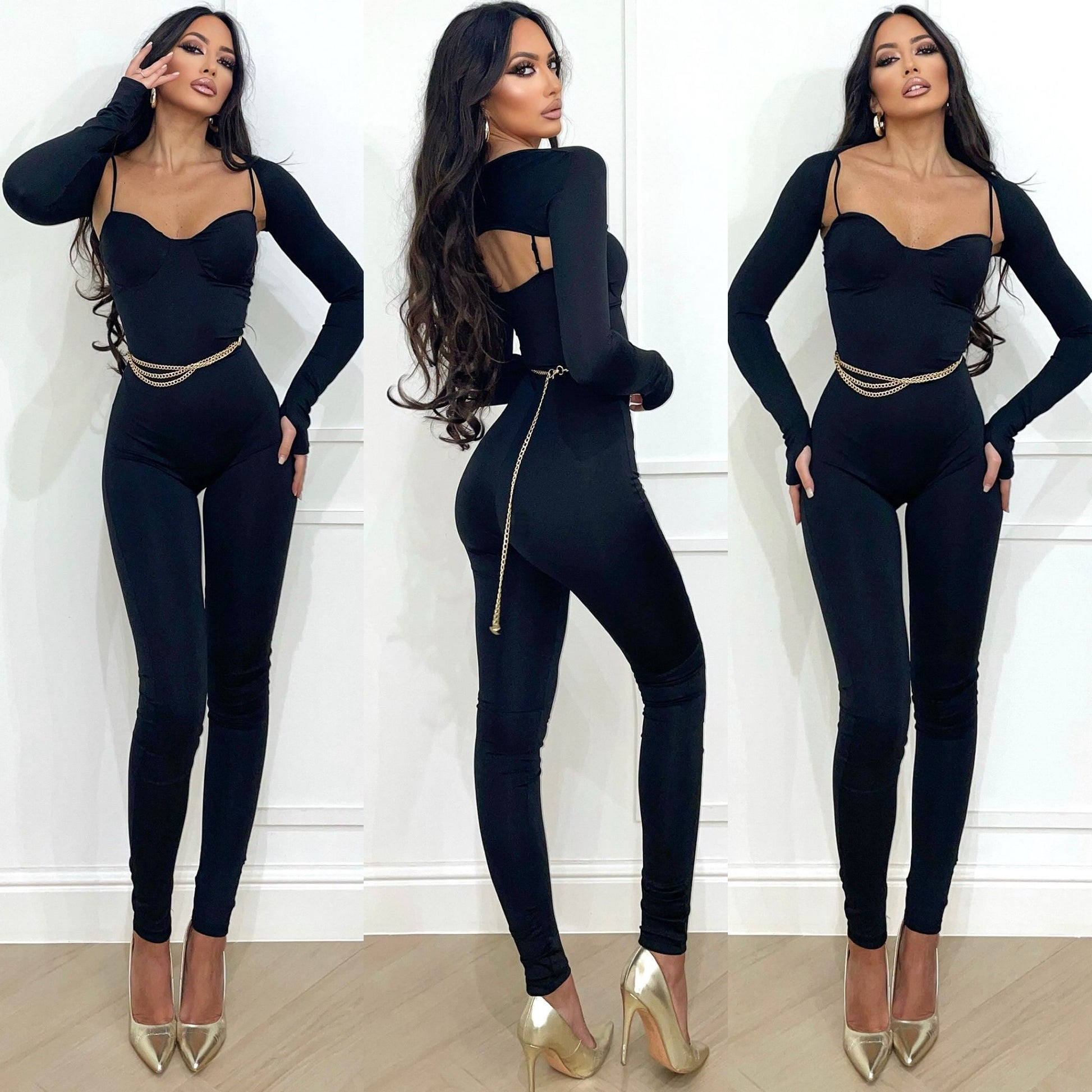 Tuta a bretelle nera con coprispalle - R.a. Boutique