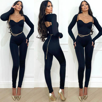 Tuta a bretelle nera con coprispalle - R.a. Boutique