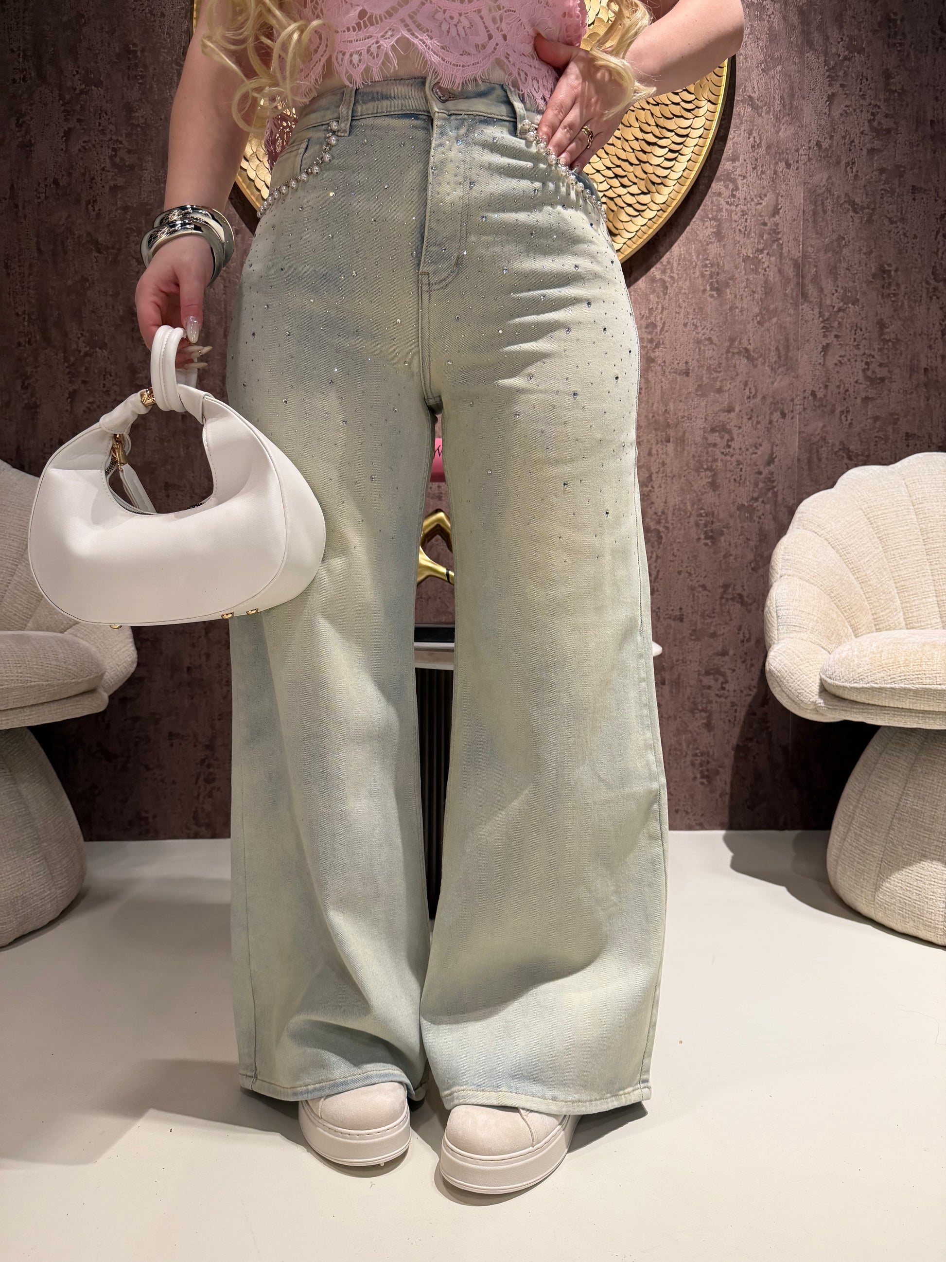 Jeans con Strass e Dettaglio Perle - R.a. Boutique