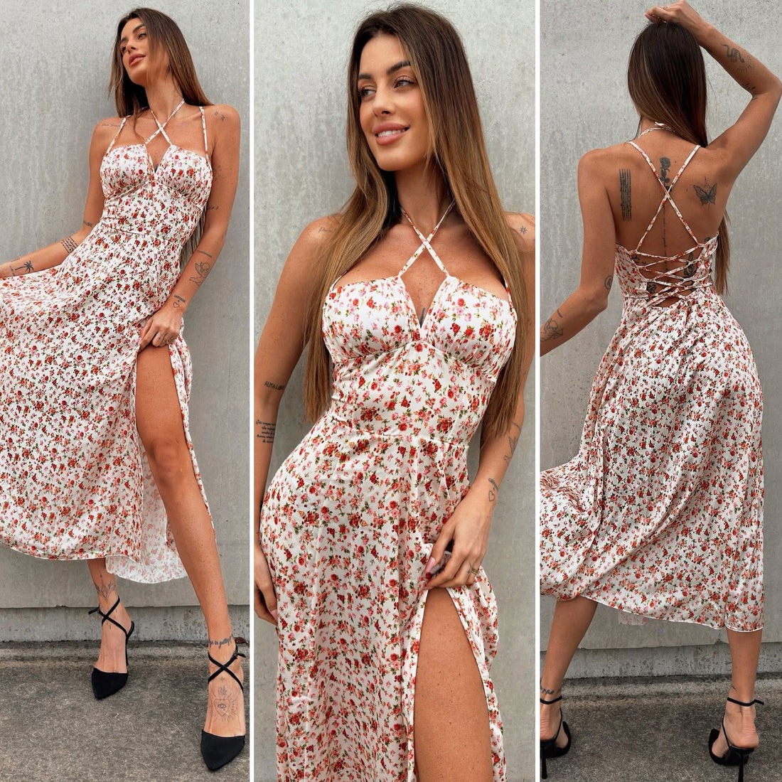 Abito lungo a fiorellini con schiena incrociata - R.a. Boutique 