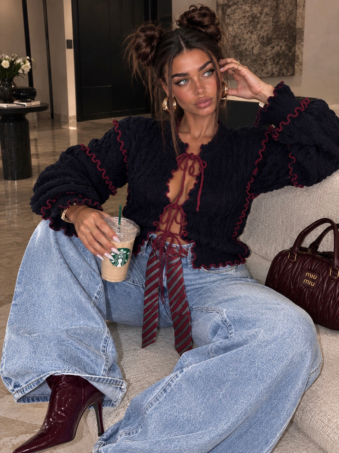 Cardigan a Trecce con Profili a Contrasto Blu Bordeaux - R.a. Boutique