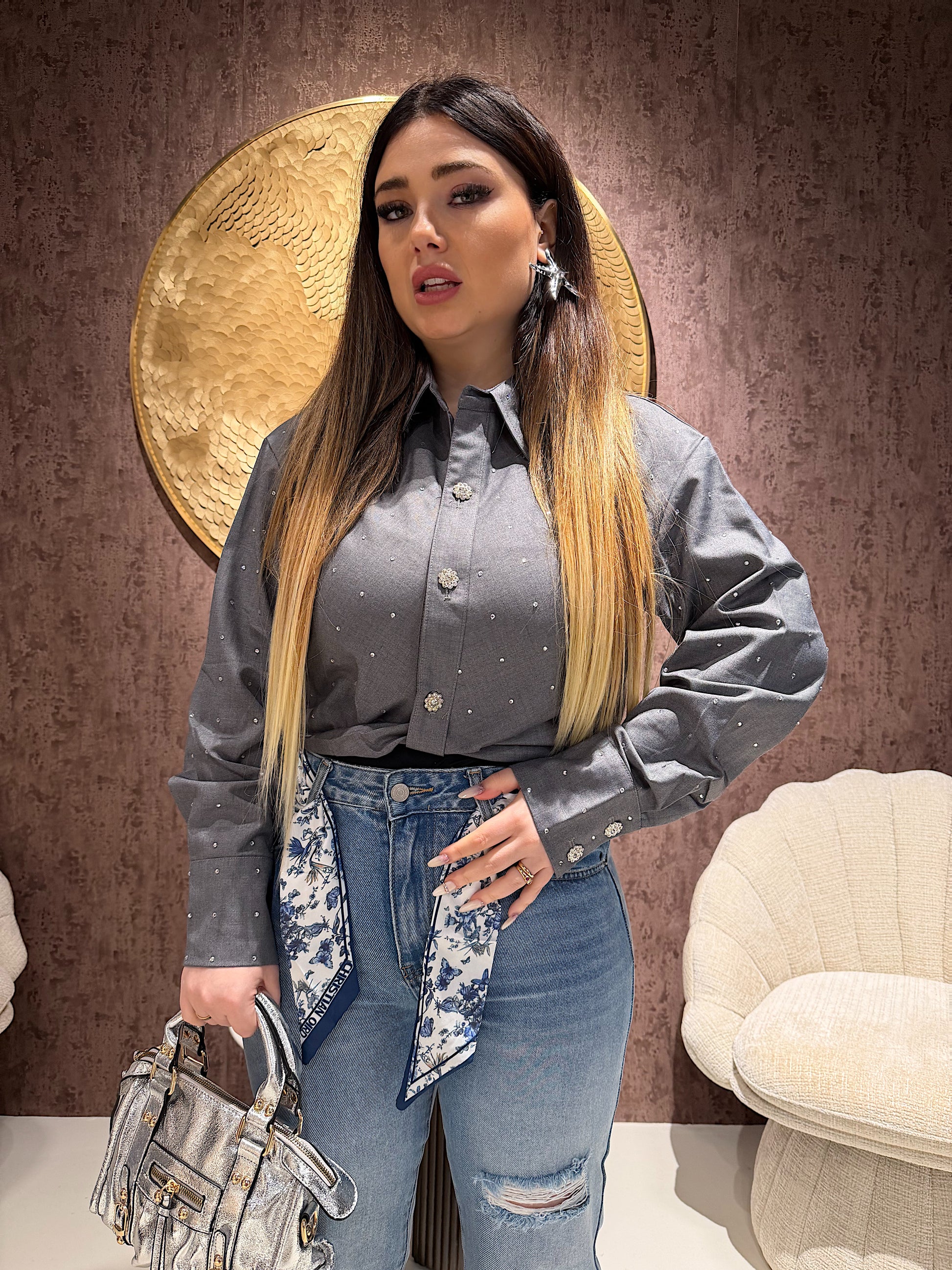 Camicia crop con strass e bottoni gioiello - R.a. Boutique