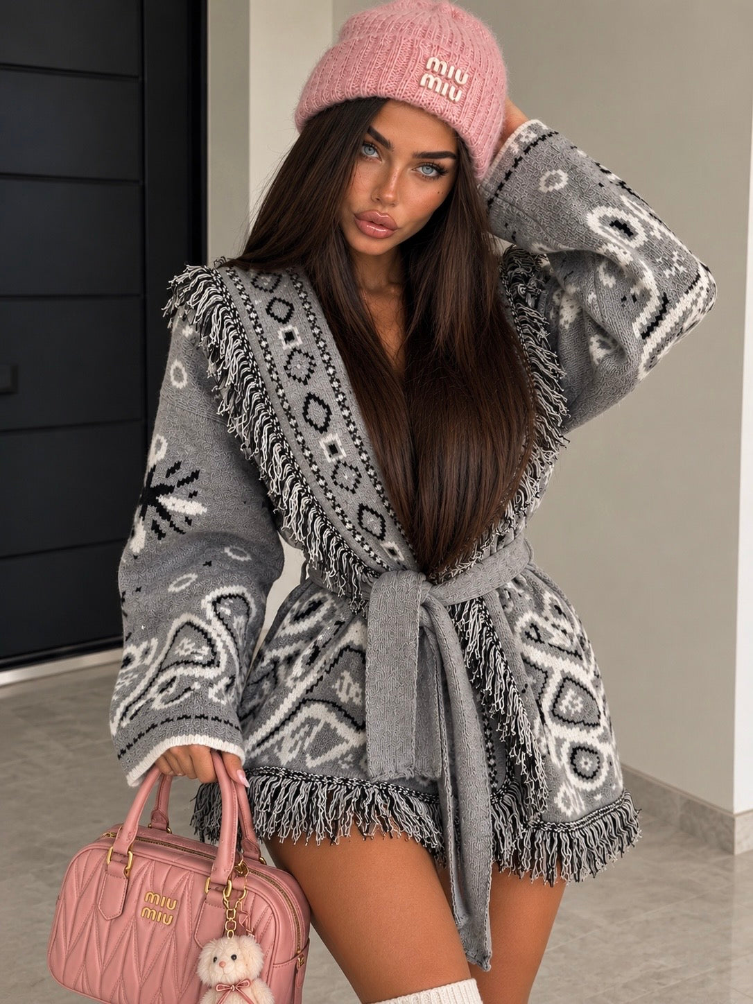 Cardigan Bandana con Frange e Cintura – Grigio - R.a. Boutique
