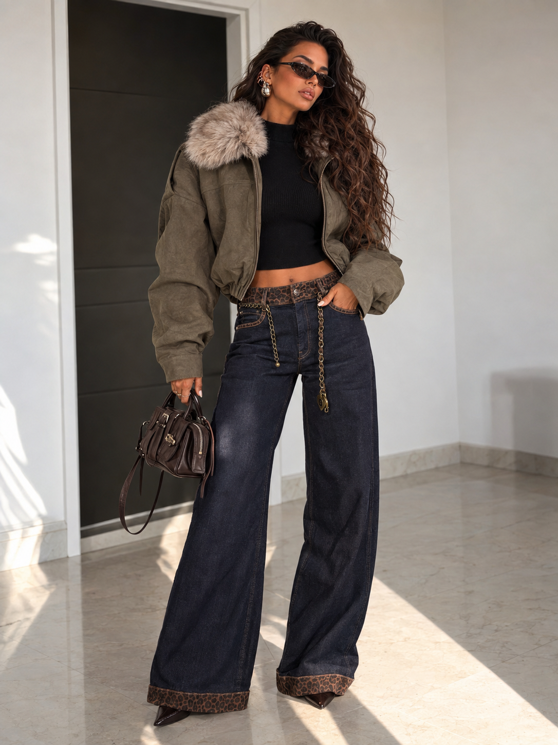 Jeans Palazzo con Dettagli Leopardati e Cintura a Catena Inclusa - R.a. Boutique