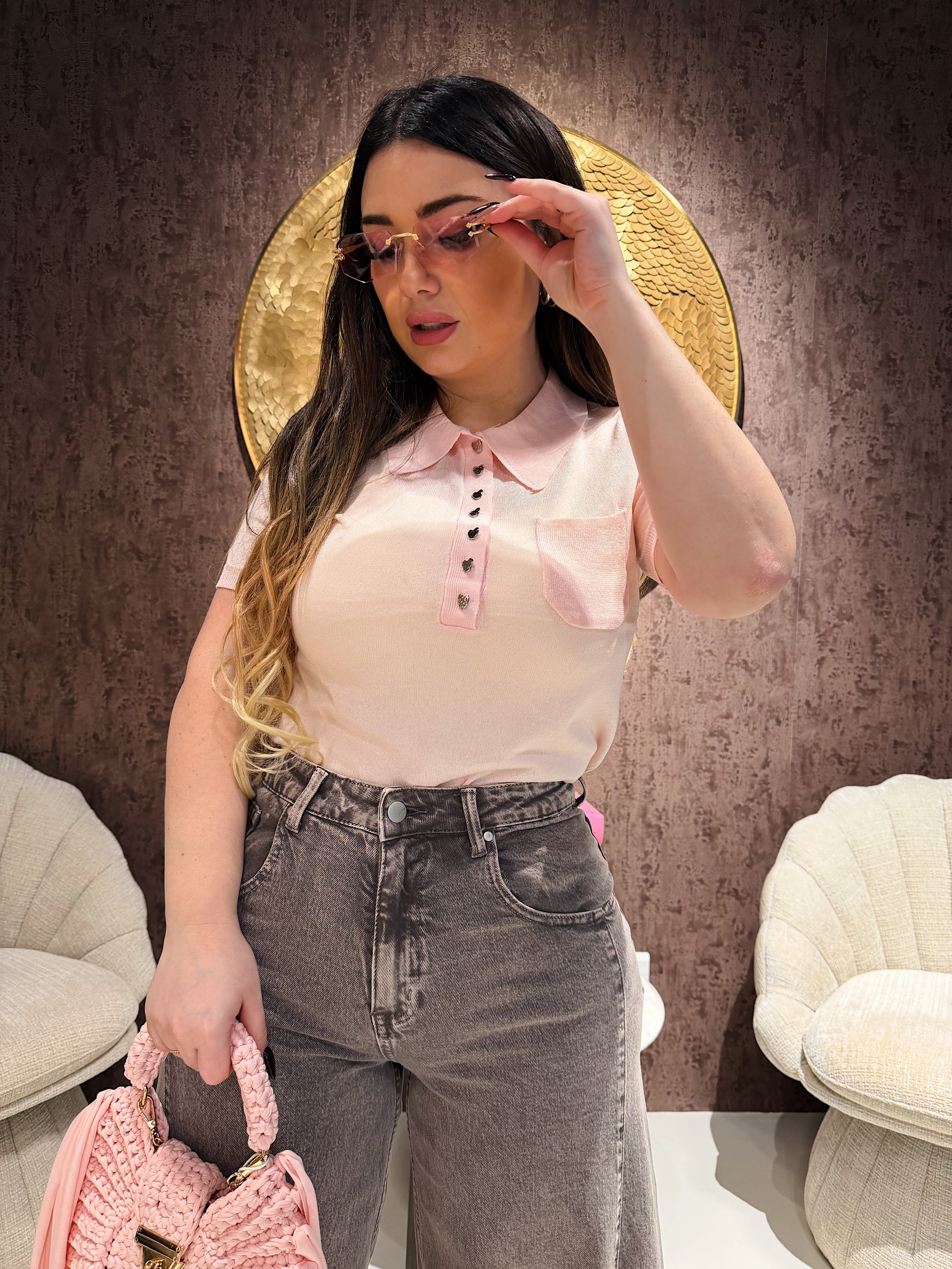 Polo in viscosa con bottoncini a cuore - R.a. Boutique