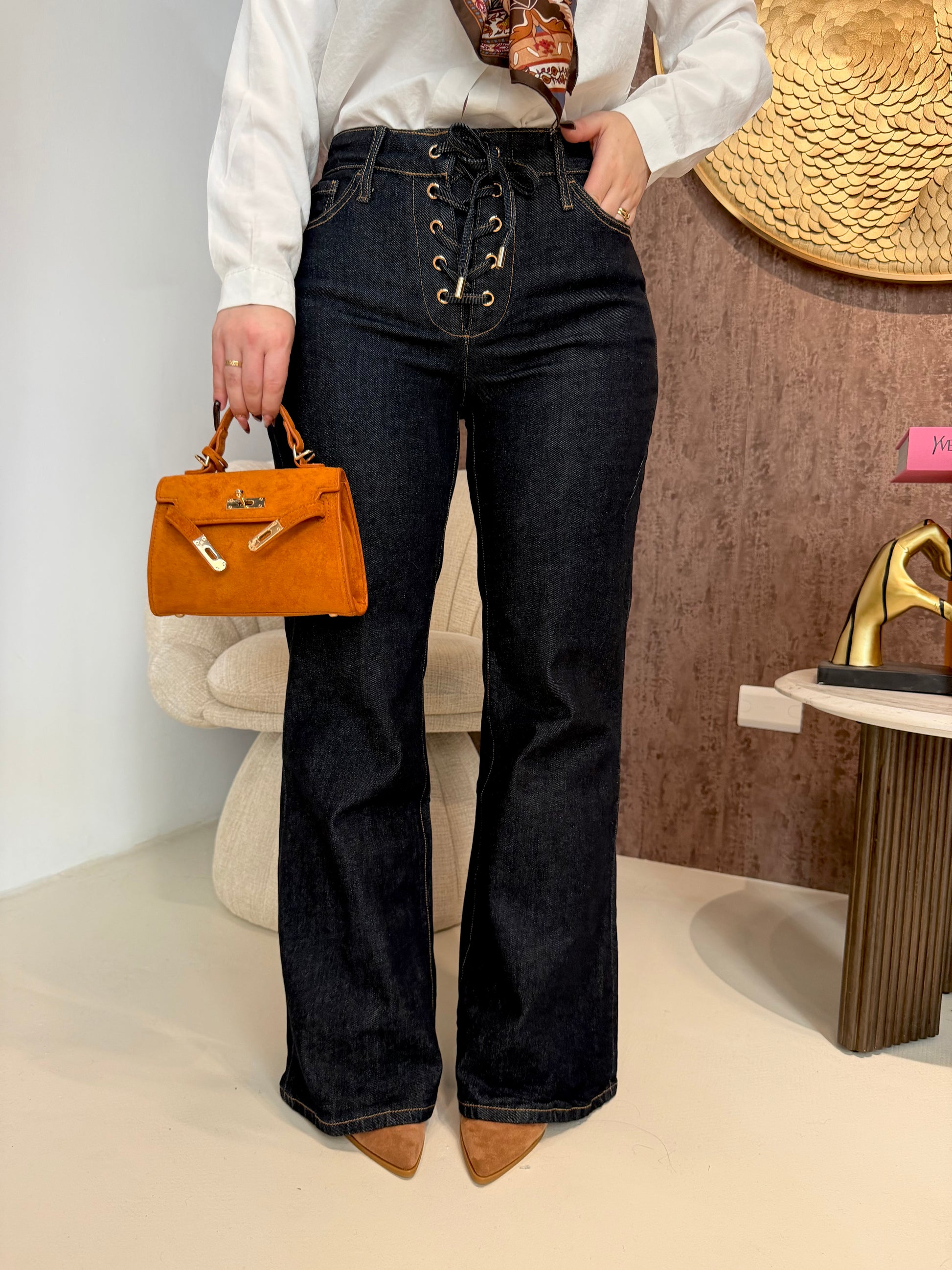 Jeans Flare a Vita Alta con Lacci Frontali - R.a. Boutique