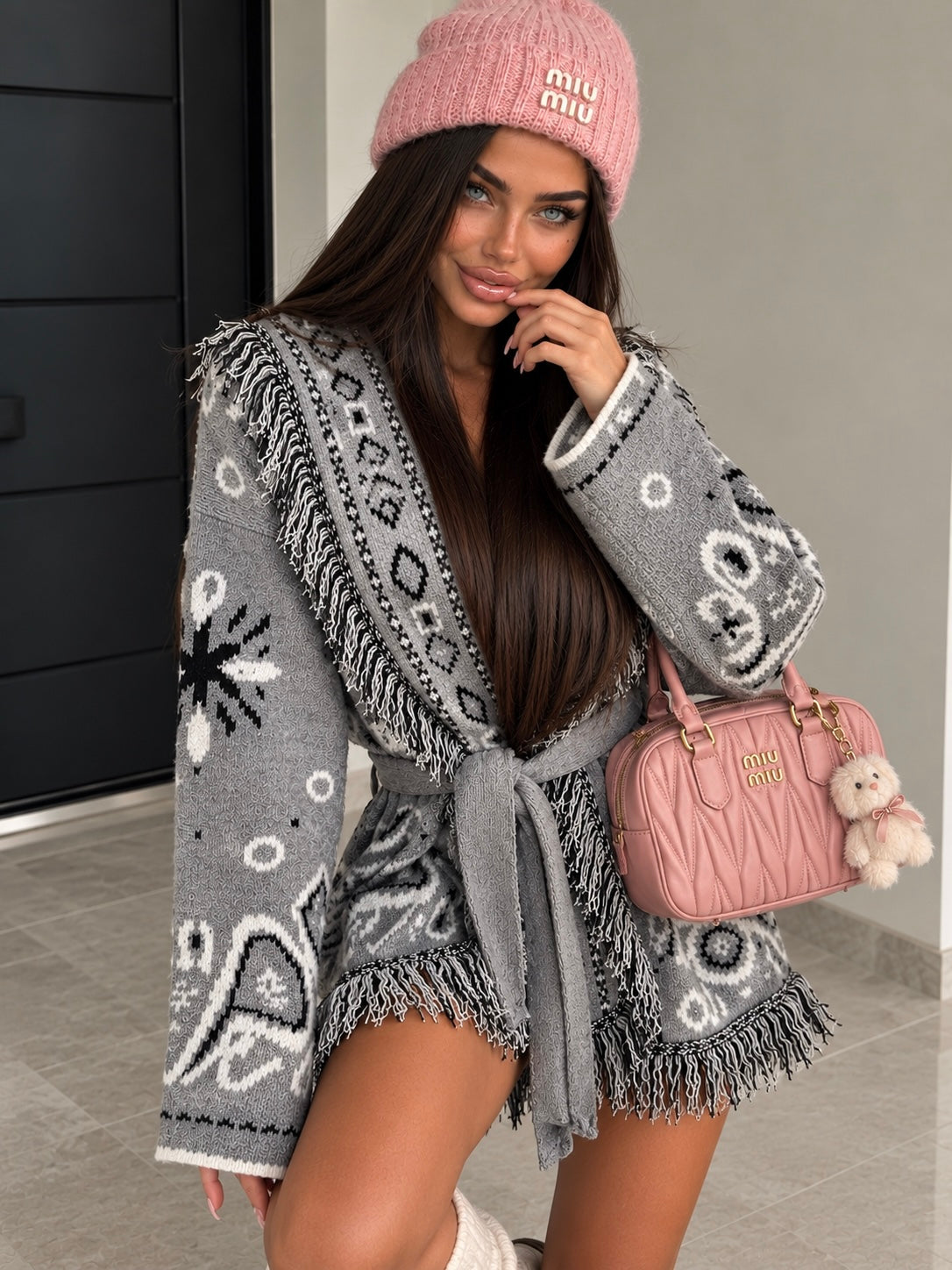 Cardigan Bandana con Frange e Cintura – Grigio - R.a. Boutique