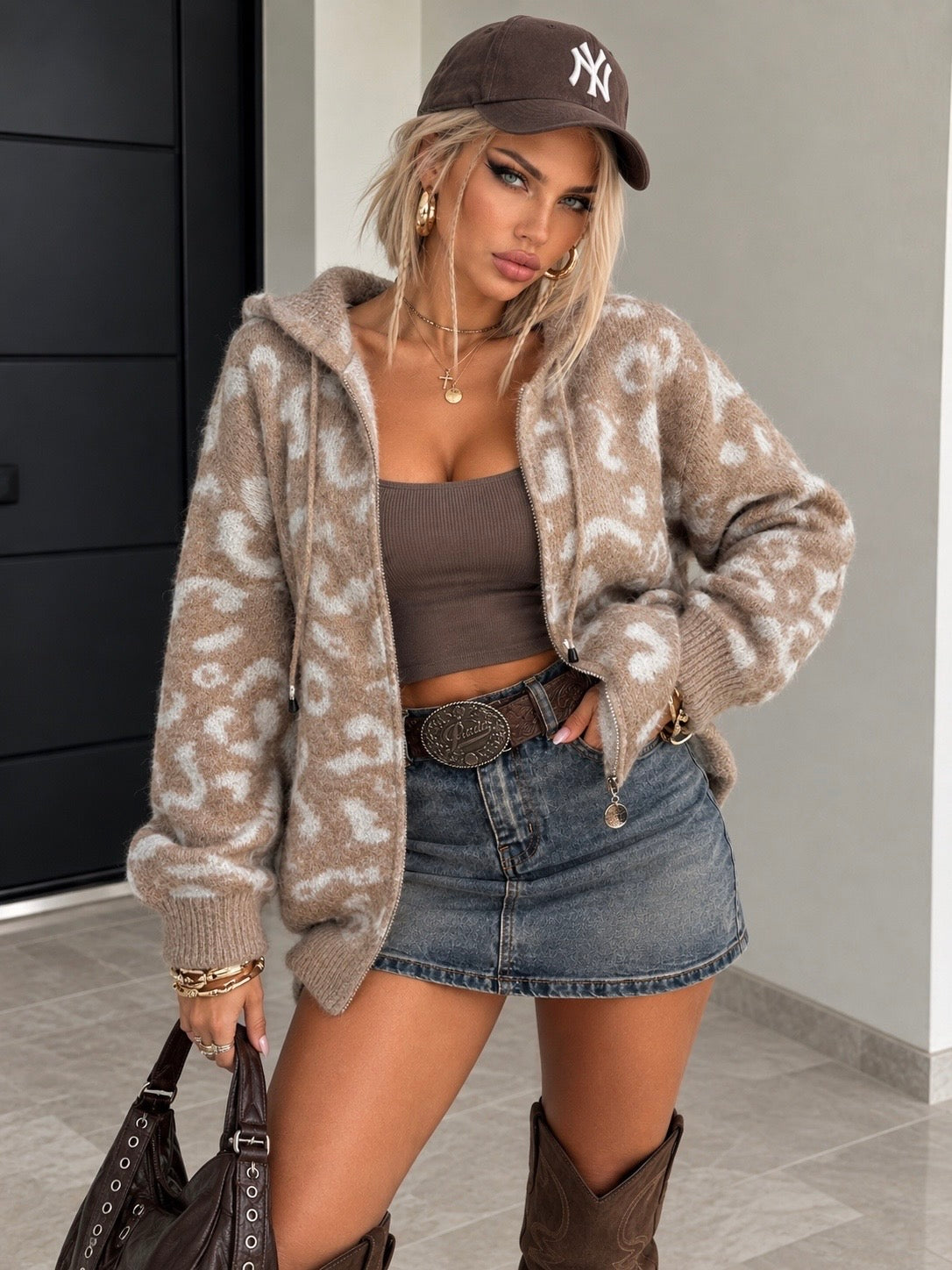 Cardigan Zip Cappuccio Animalier Beige / Bianco - R.a. Boutique