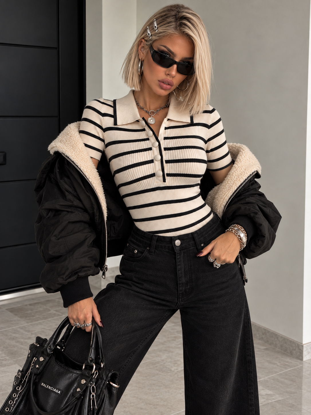 Body Polo a Righe Beige e Nero - R.a. Boutique