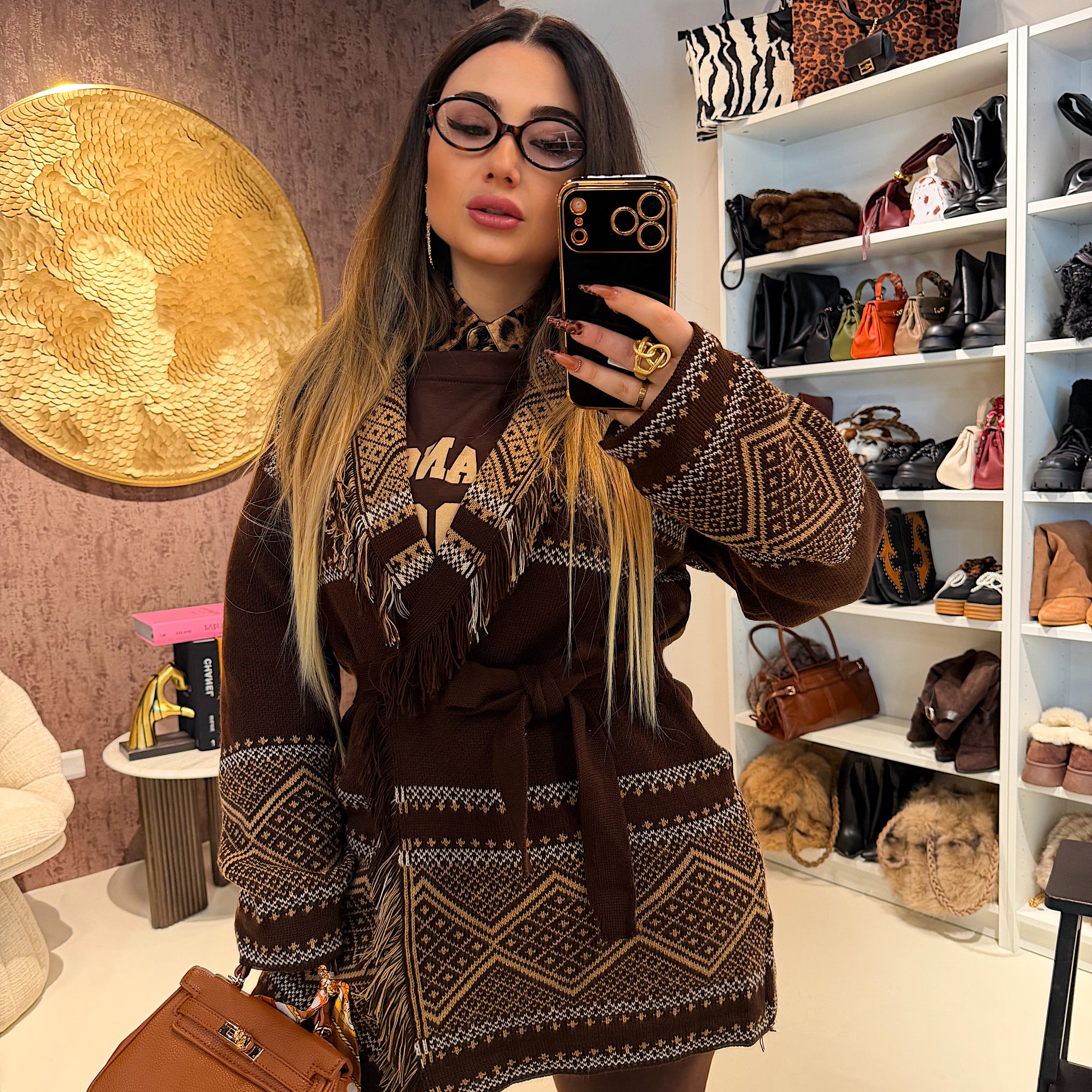 Cardigan Sierra jacquard cioccolato - R.a. Boutique