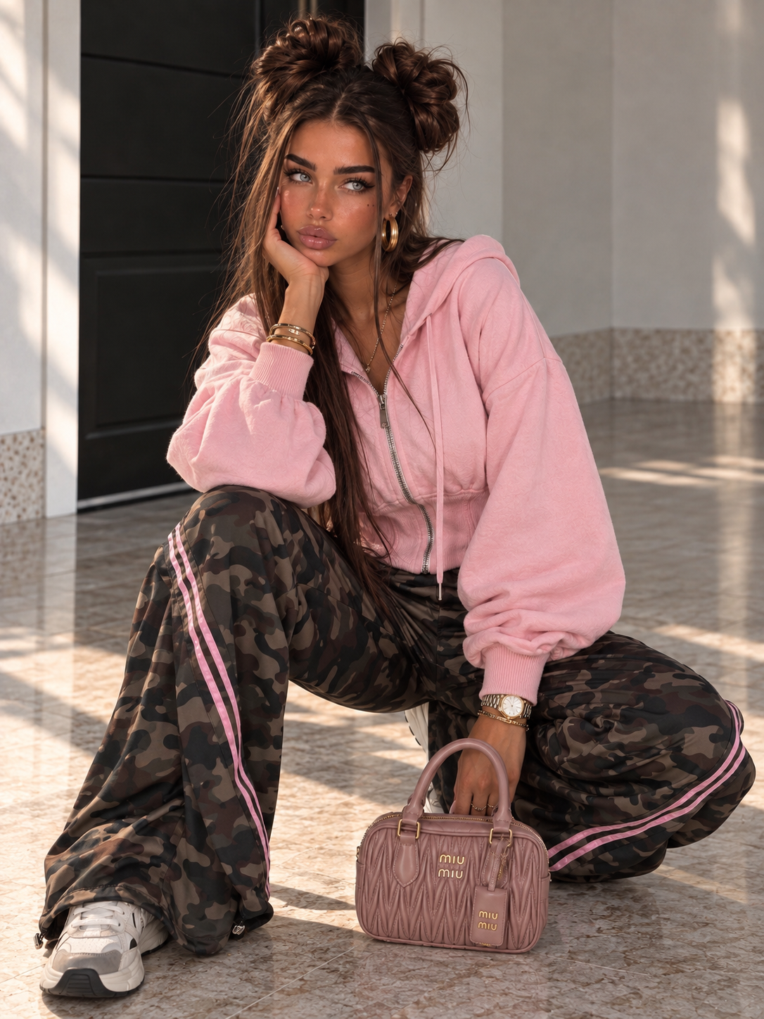 Pantaloni Camouflage con Bande Rosa - R.a. Boutique