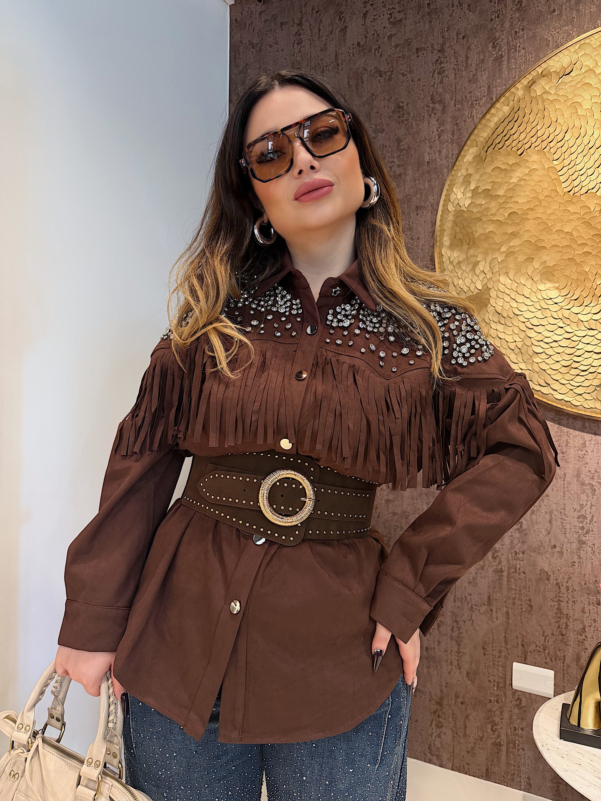 Giacca in camoscio con frange e strass marrone - R.a. Boutique