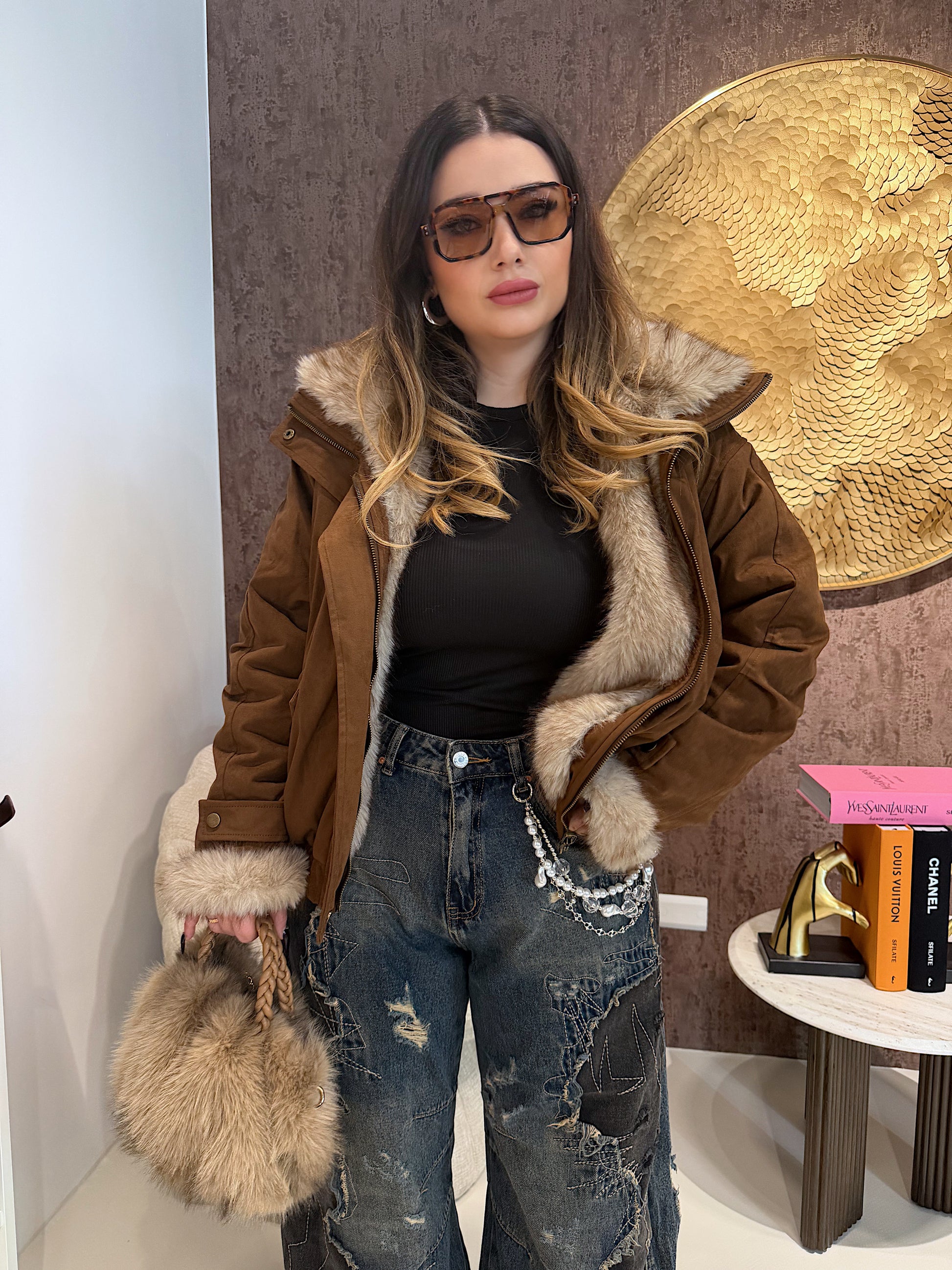 Giaccone Camel con imbottitura in pelo reversibile - R.a. Boutique