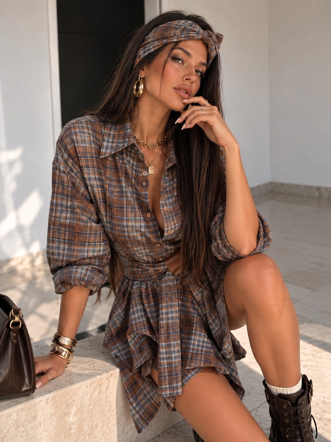 Completo a Quadri Marrone con Giacca Over e Gonna Pantaloncino - R.a. Boutique