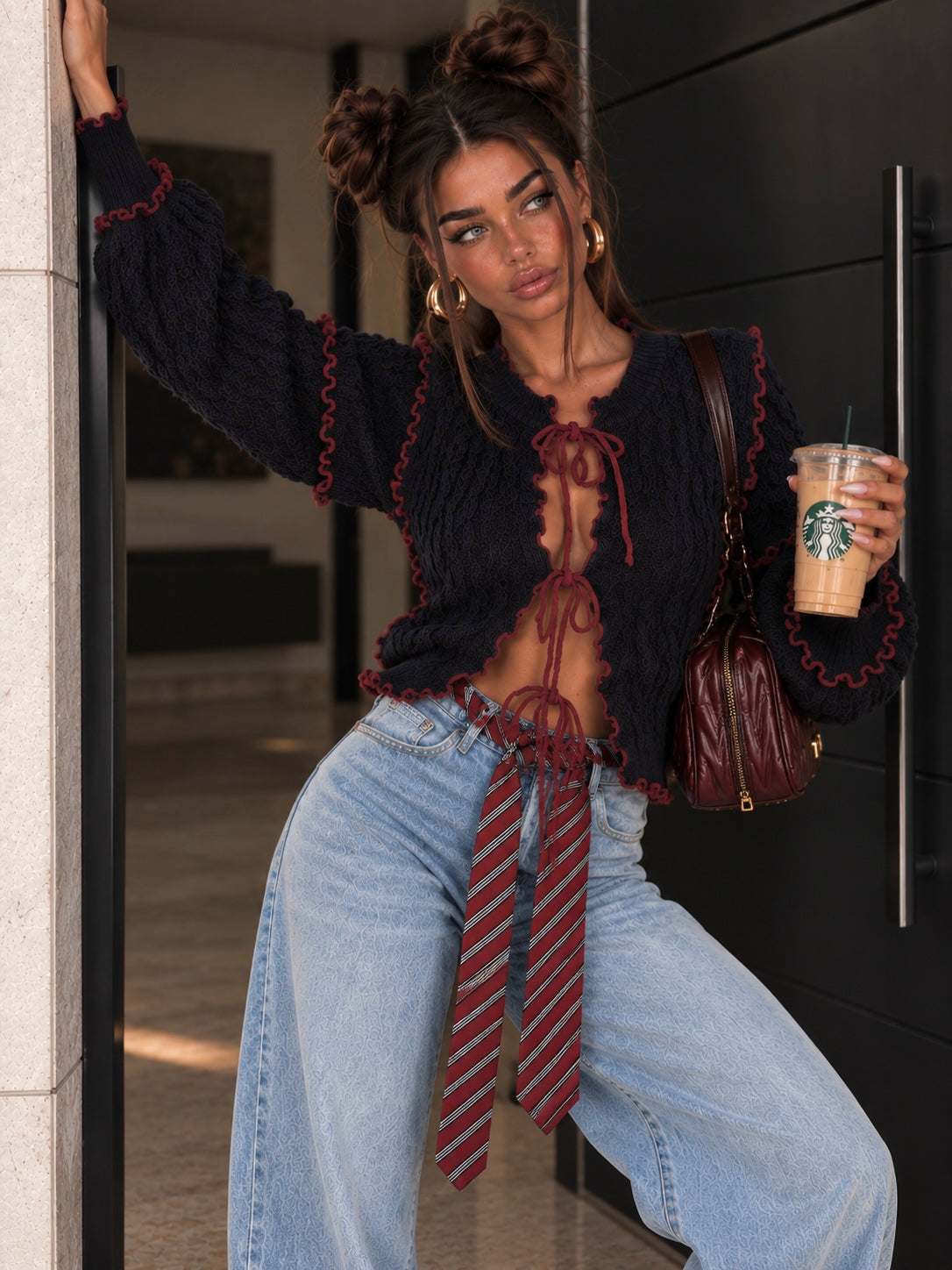 Cardigan a Trecce con Profili a Contrasto Blu Bordeaux - R.a. Boutique