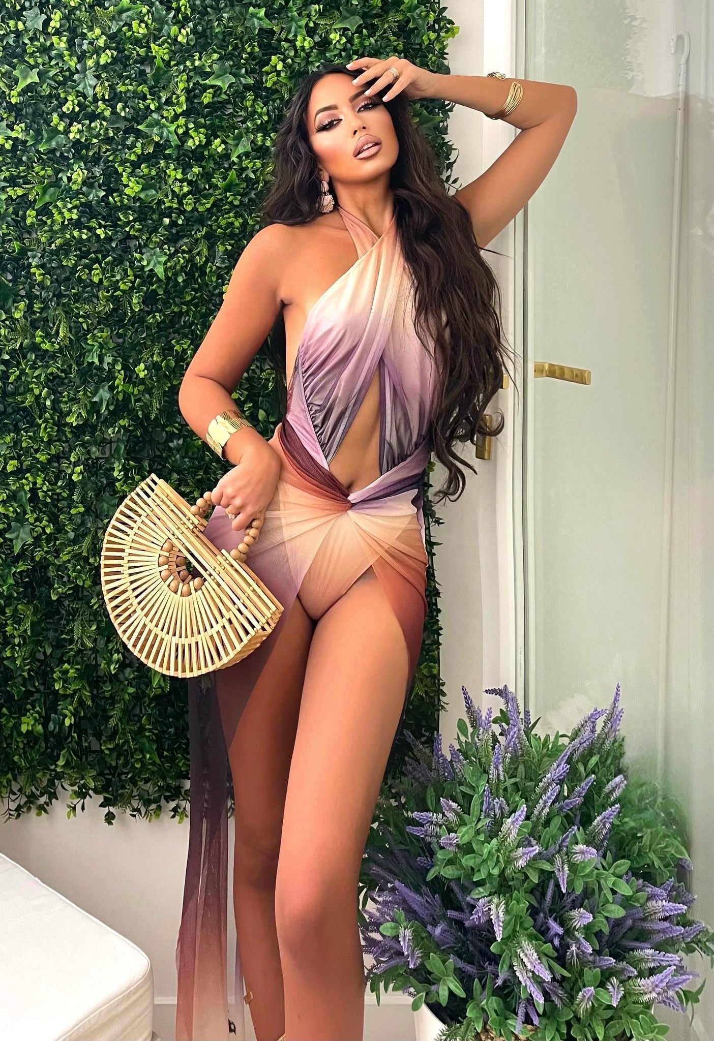 Costume intero in velo sfumato con incrocio sul collo e gonna pareo - R.a. Boutique