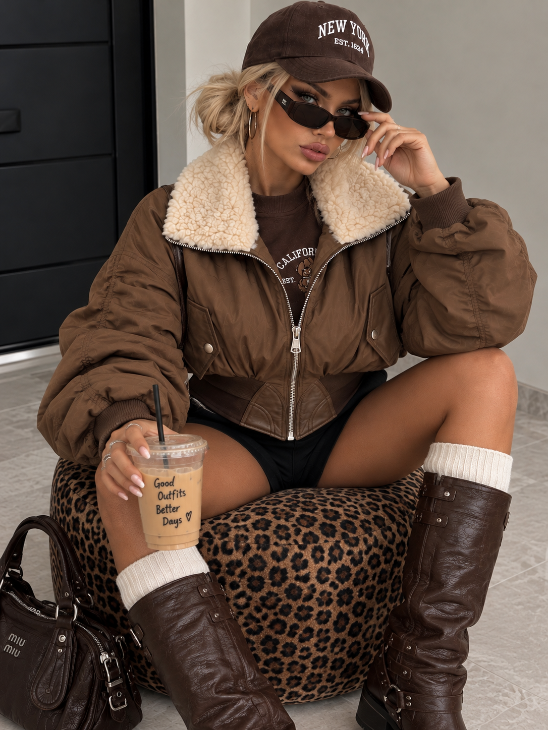 Giacca Bomber Marrone con Collo Teddy Panna - R.a. Boutique