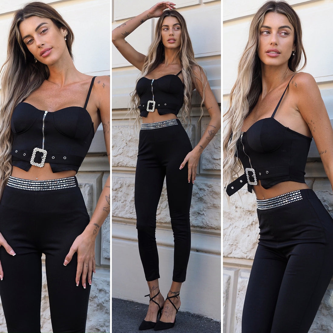 Completo top e pantalone con strass nero - R.a. Boutique 