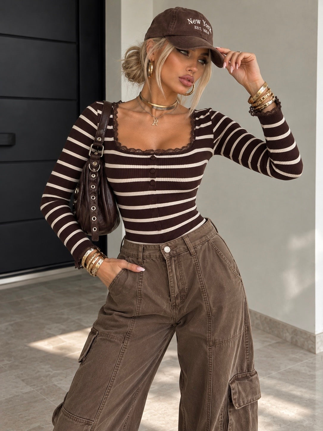 Body a Righe Cioccolato con Pizzo - R.a. Boutique