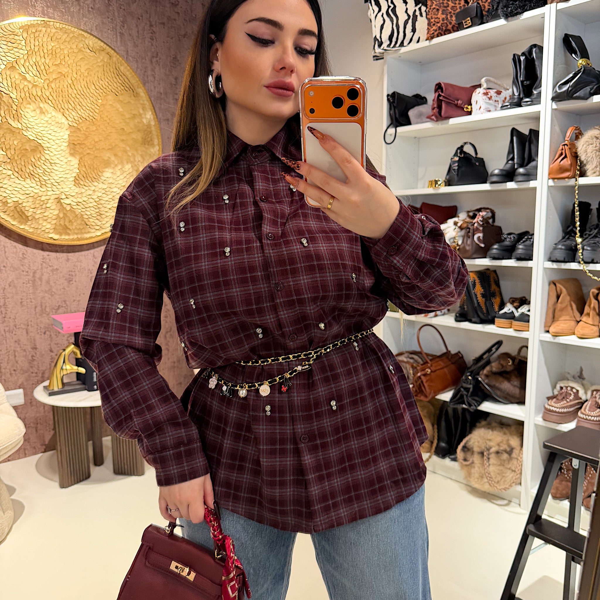 Camicia a quadri bordeaux con strass - R.a. Boutique