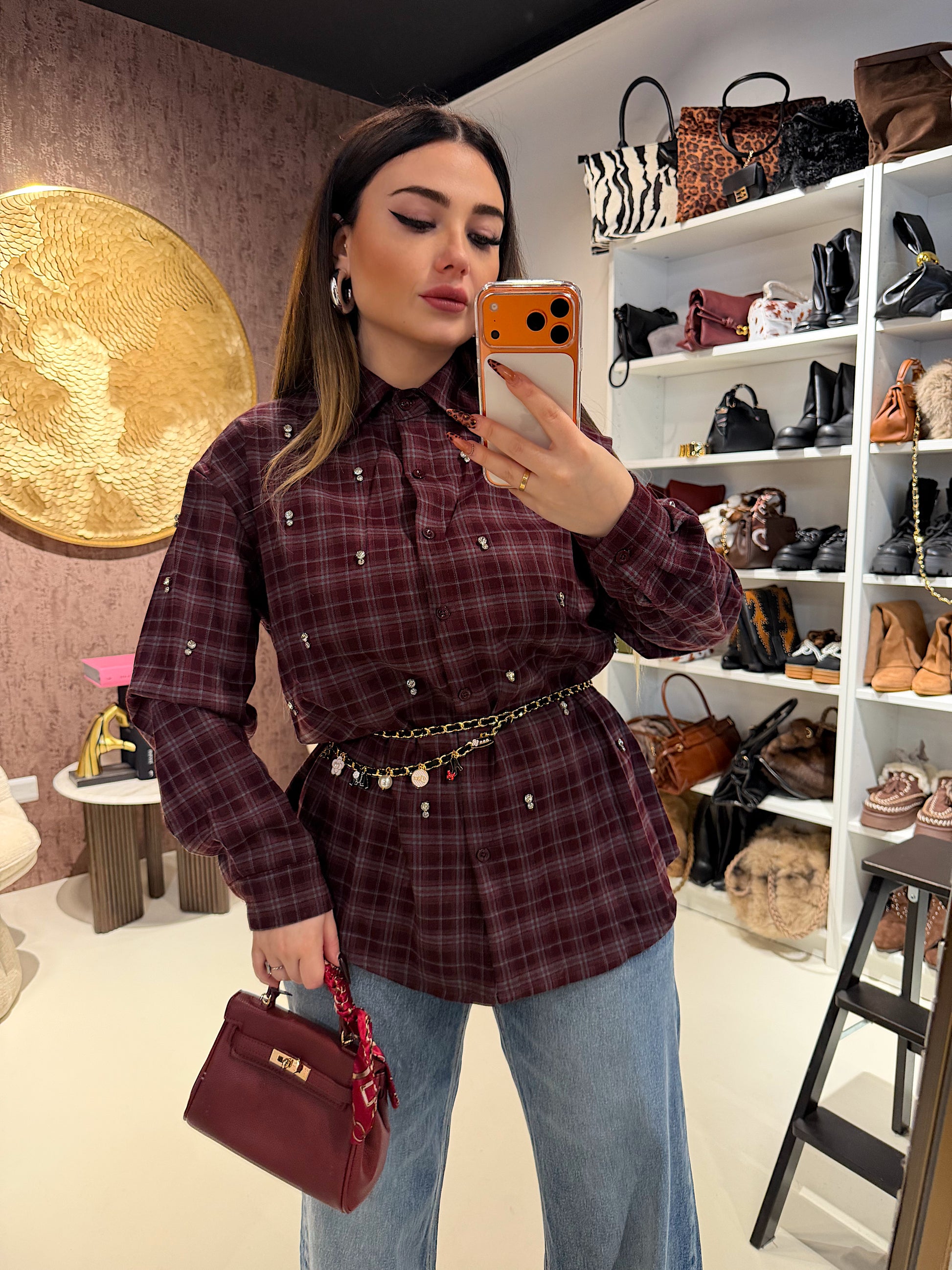 Camicia a quadri bordeaux con strass - R.a. Boutique