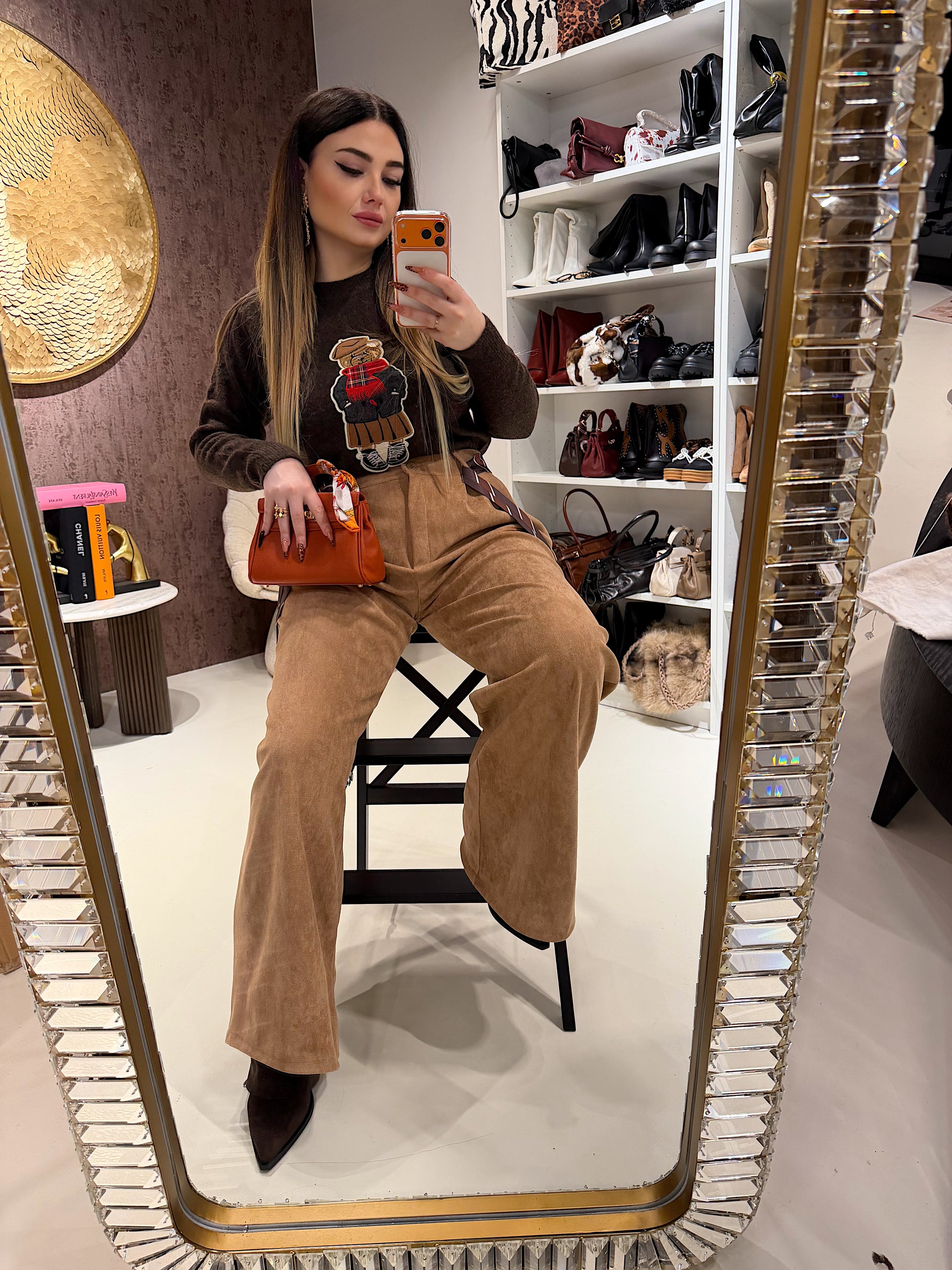 Pantalone in camoscio con cintura in vita - R.a. Boutique