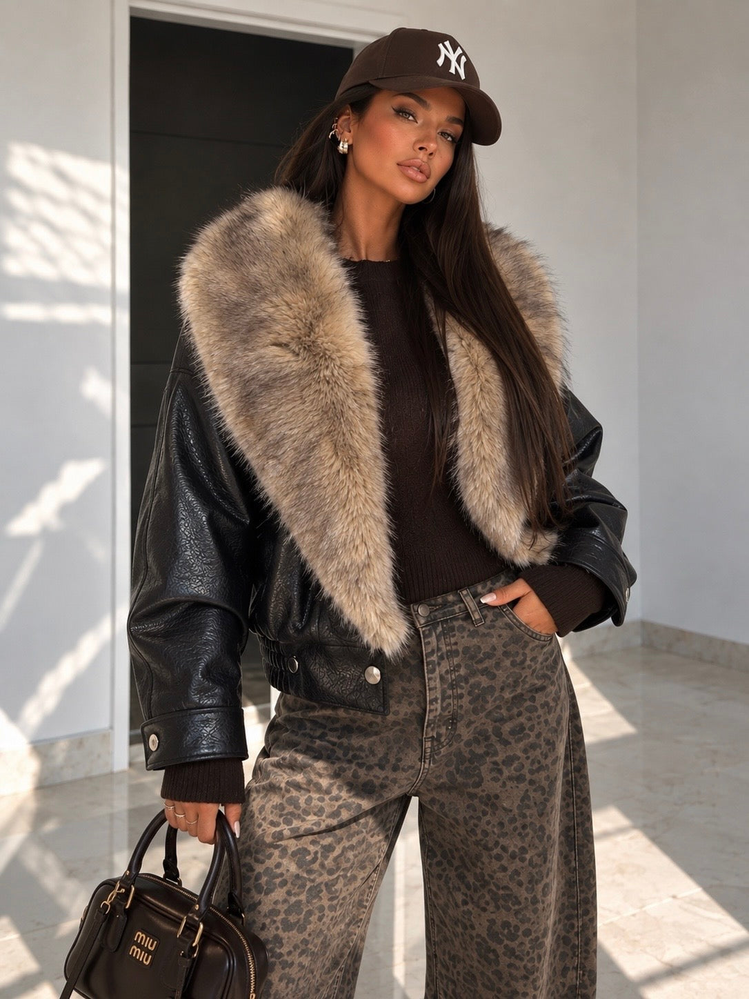 Bomber Nero Effetto Pelle con Maxi Collo Effetto Pelliccia - R.a. Boutique