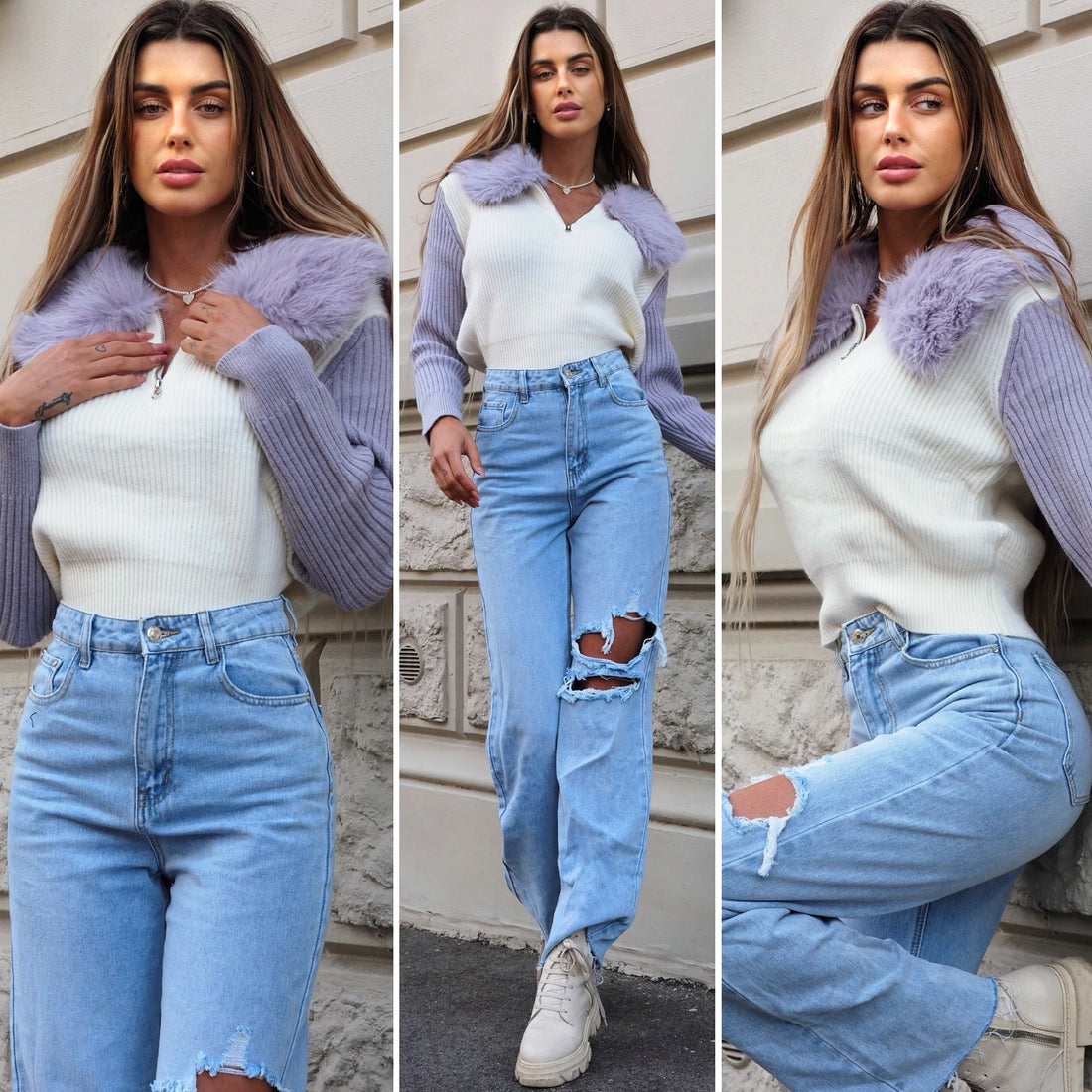 Maglione con zip e dettagli lilla - R.a. Boutique 