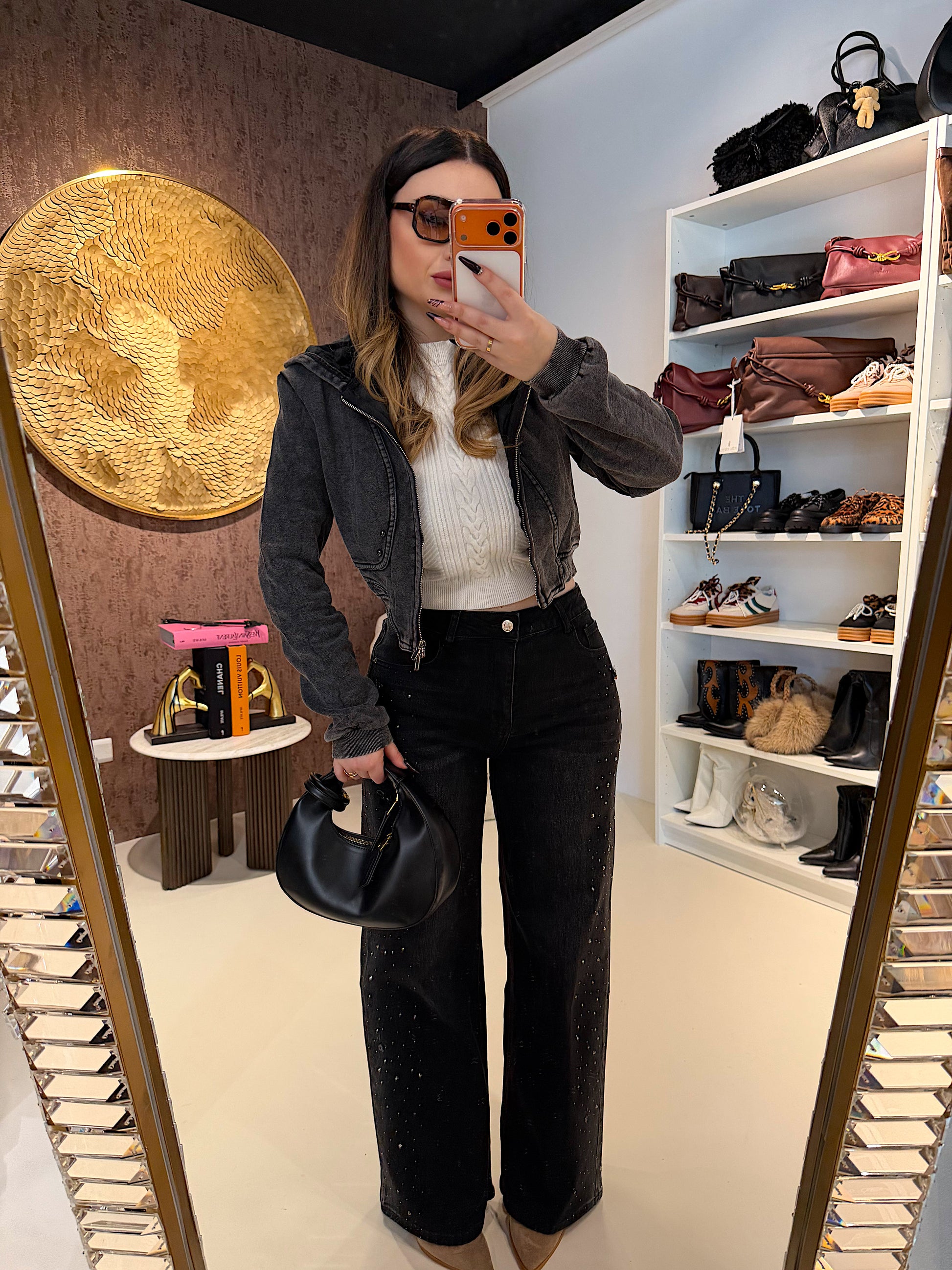 Jeans nero con strass e ricami - R.a. Boutique