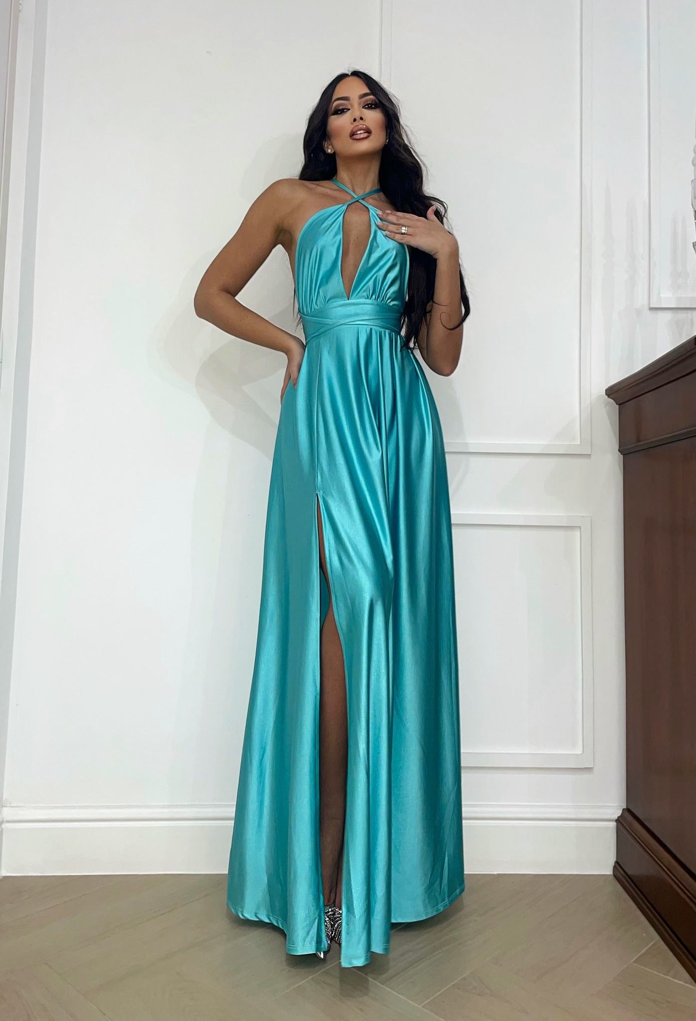 Vestito Lungo Color Tiffany Abito Elegante Vestito Tiffany Lungo