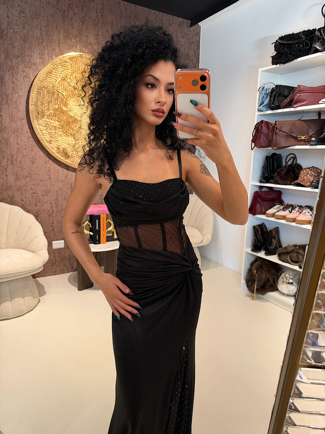 Abito lungo con spacco e strass - R.a. Boutique