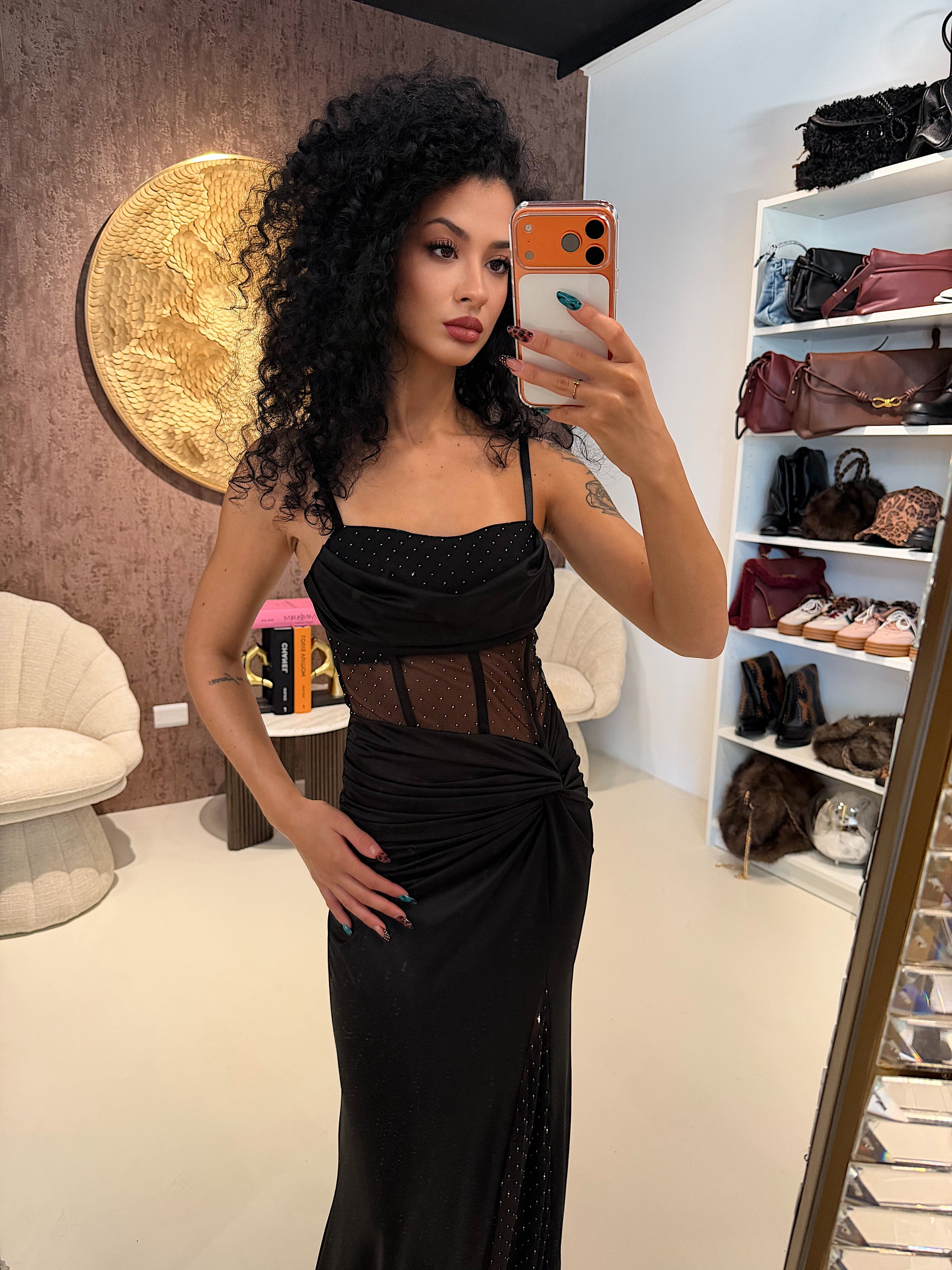 Abito lungo con spacco e strass - R.a. Boutique