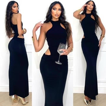 Abito lungo nero con choker e apertura laterale - R.a. Boutique