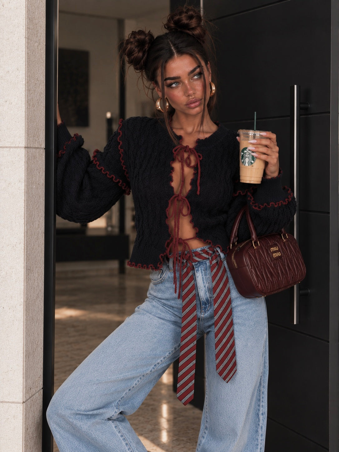 Cardigan a Trecce con Profili a Contrasto Blu Bordeaux - R.a. Boutique