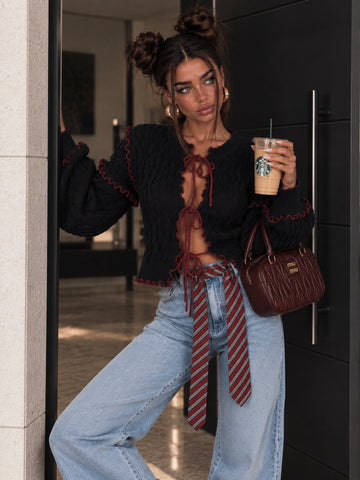 Cardigan a Trecce con Profili a Contrasto Blu Bordeaux - R.a. Boutique