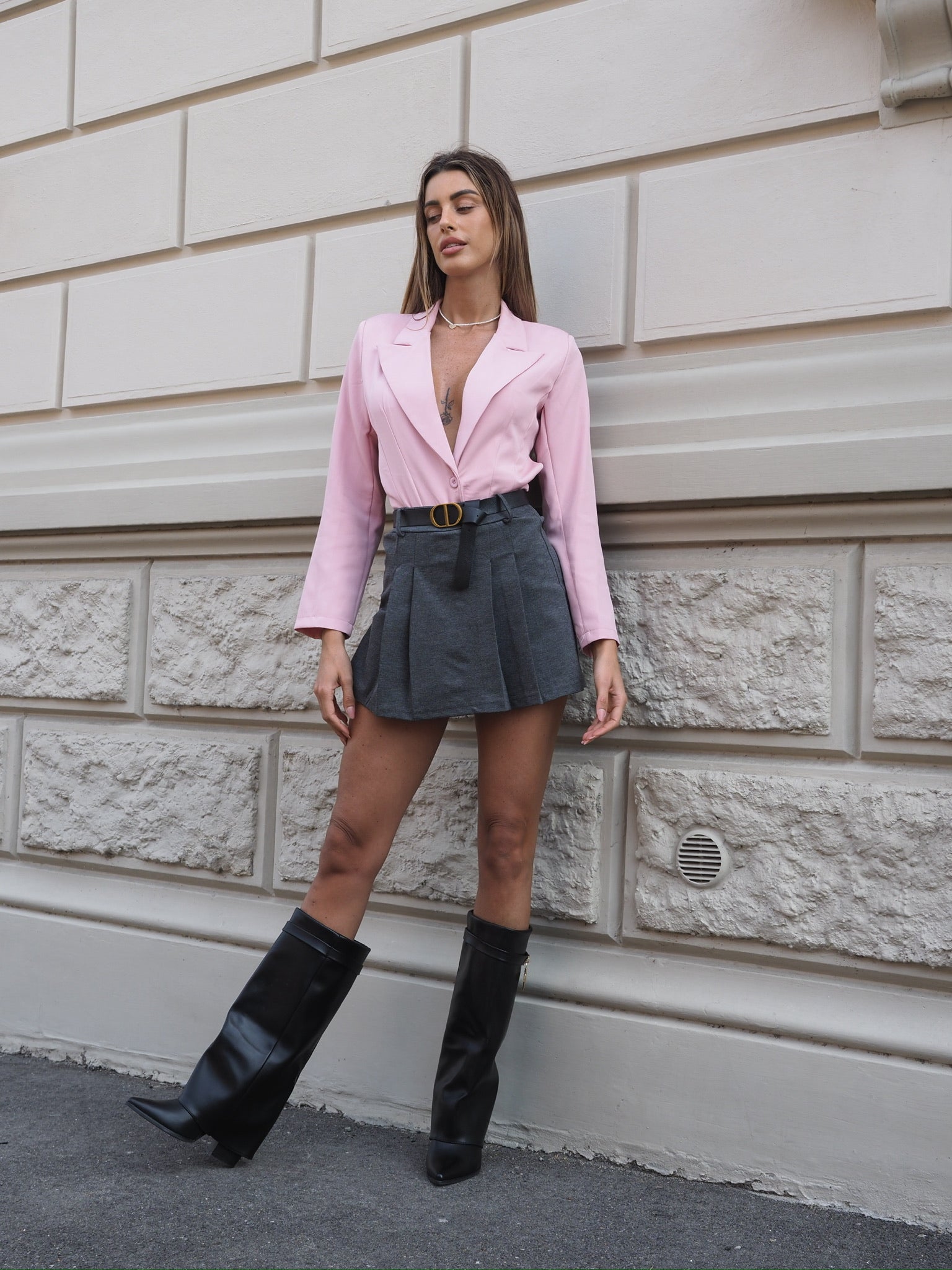 Gonna a pieghine con cintura grigio - R.a. Boutique 