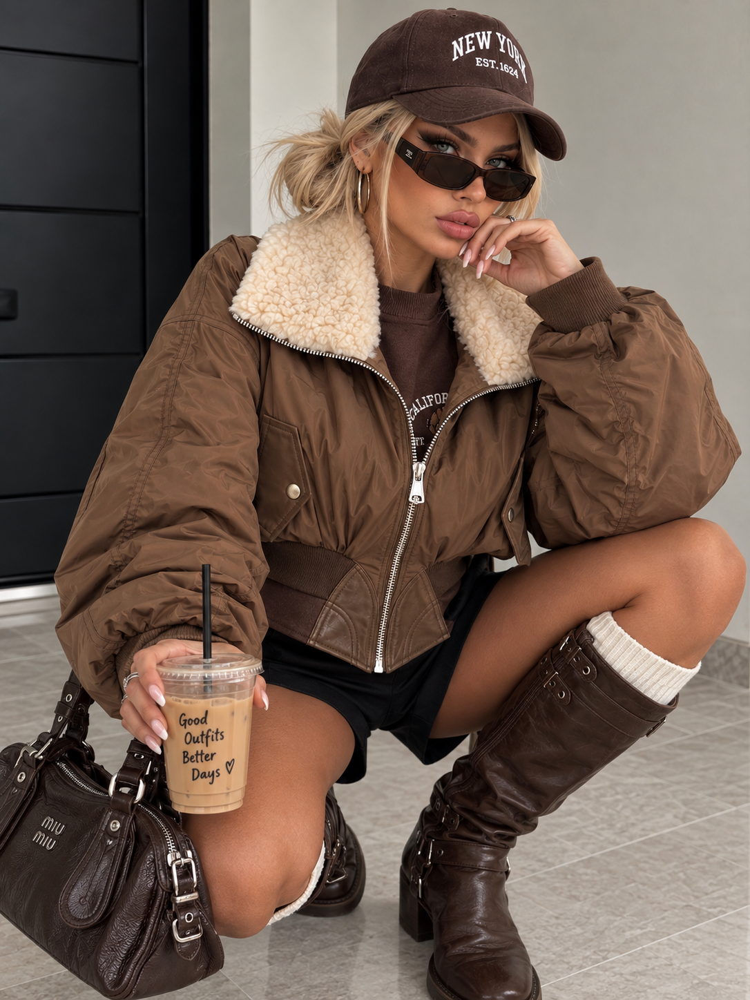 Giacca Bomber Marrone con Collo Teddy Panna - R.a. Boutique