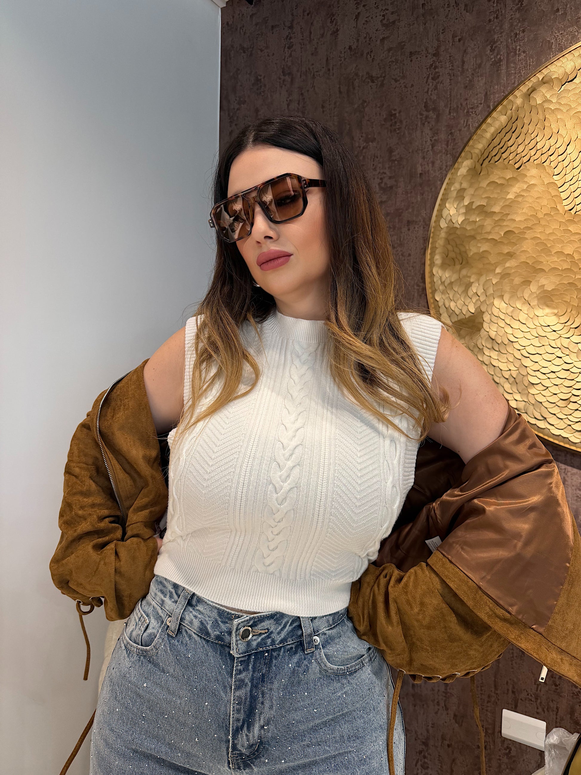 Smanicato crop a trecce con bottoni oro - R.a. Boutique